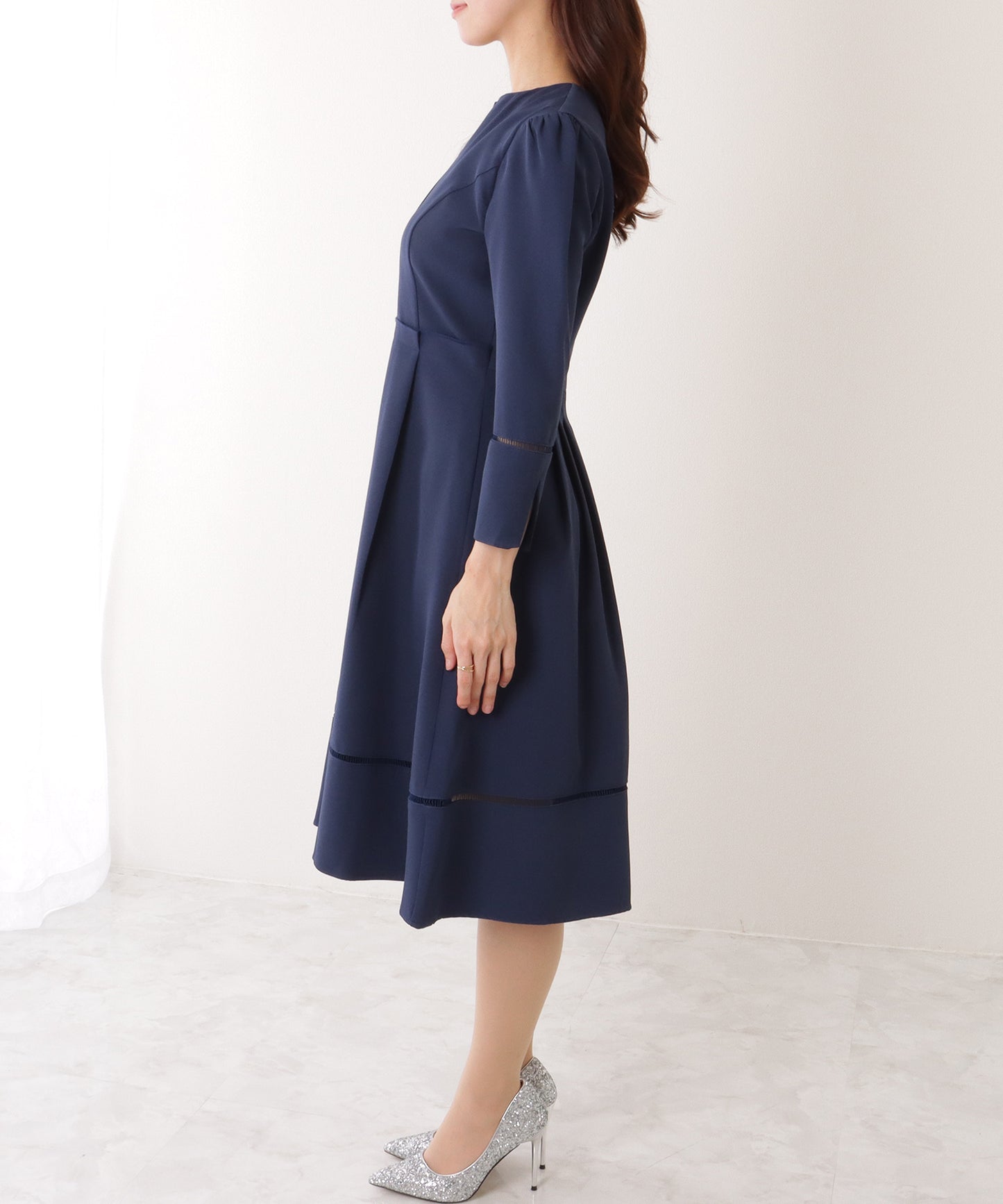 ノーカラー ジャケット付き キーネック Aライン ワンピース