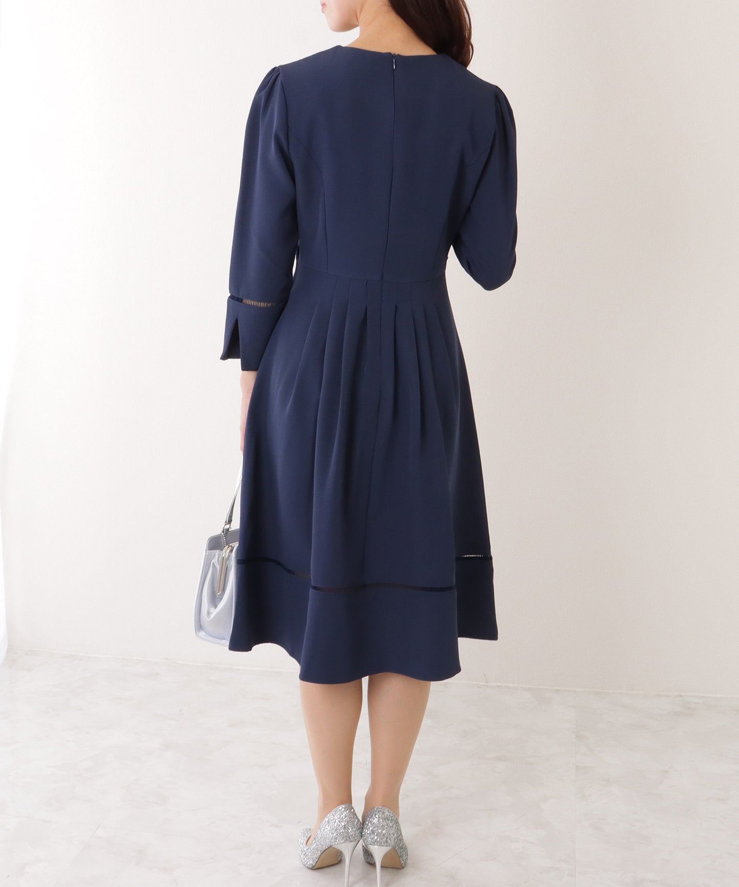 ノーカラー ジャケット付き キーネック Aライン ワンピース