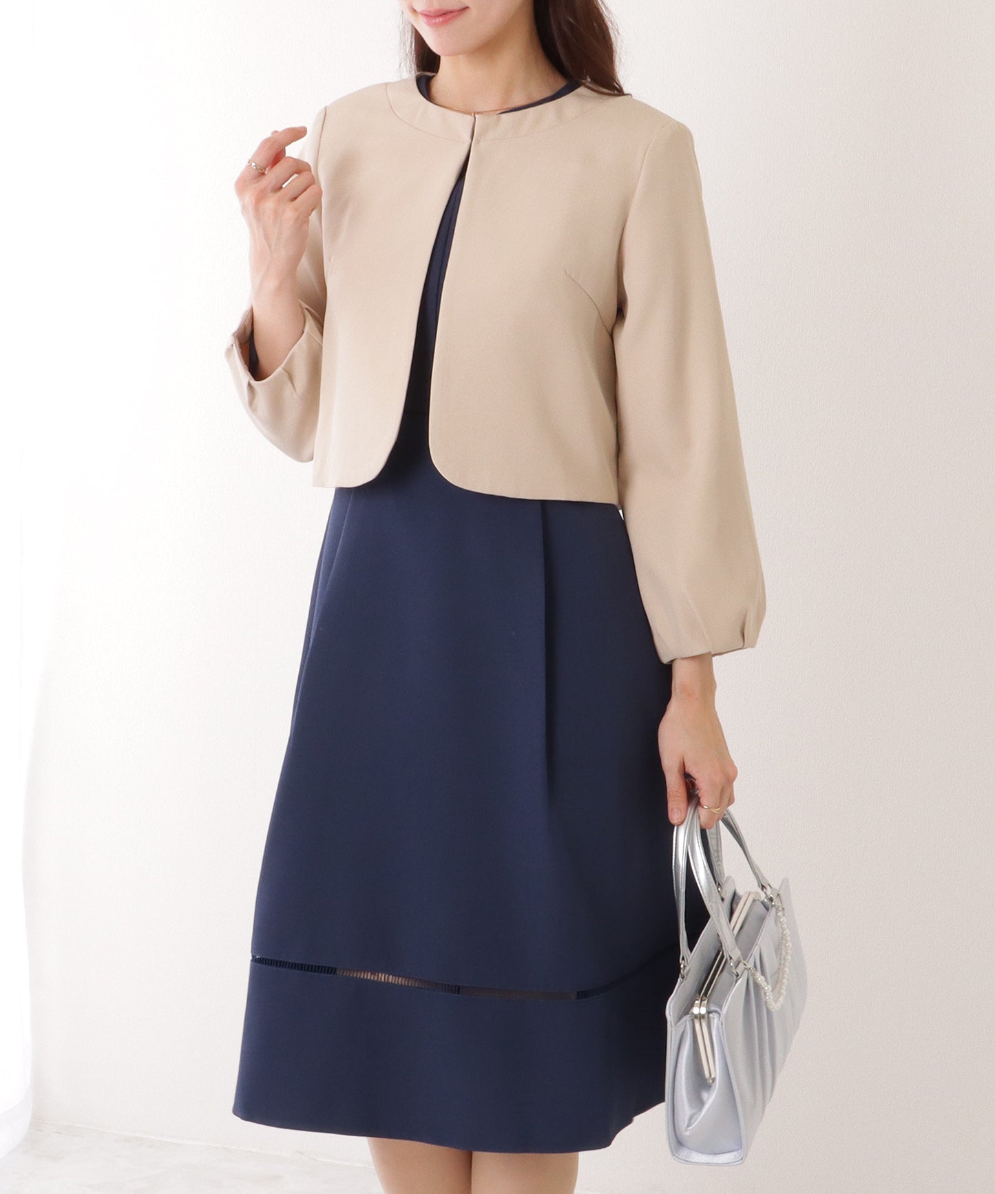 ノーカラー ジャケット付き キーネック Aライン ワンピース