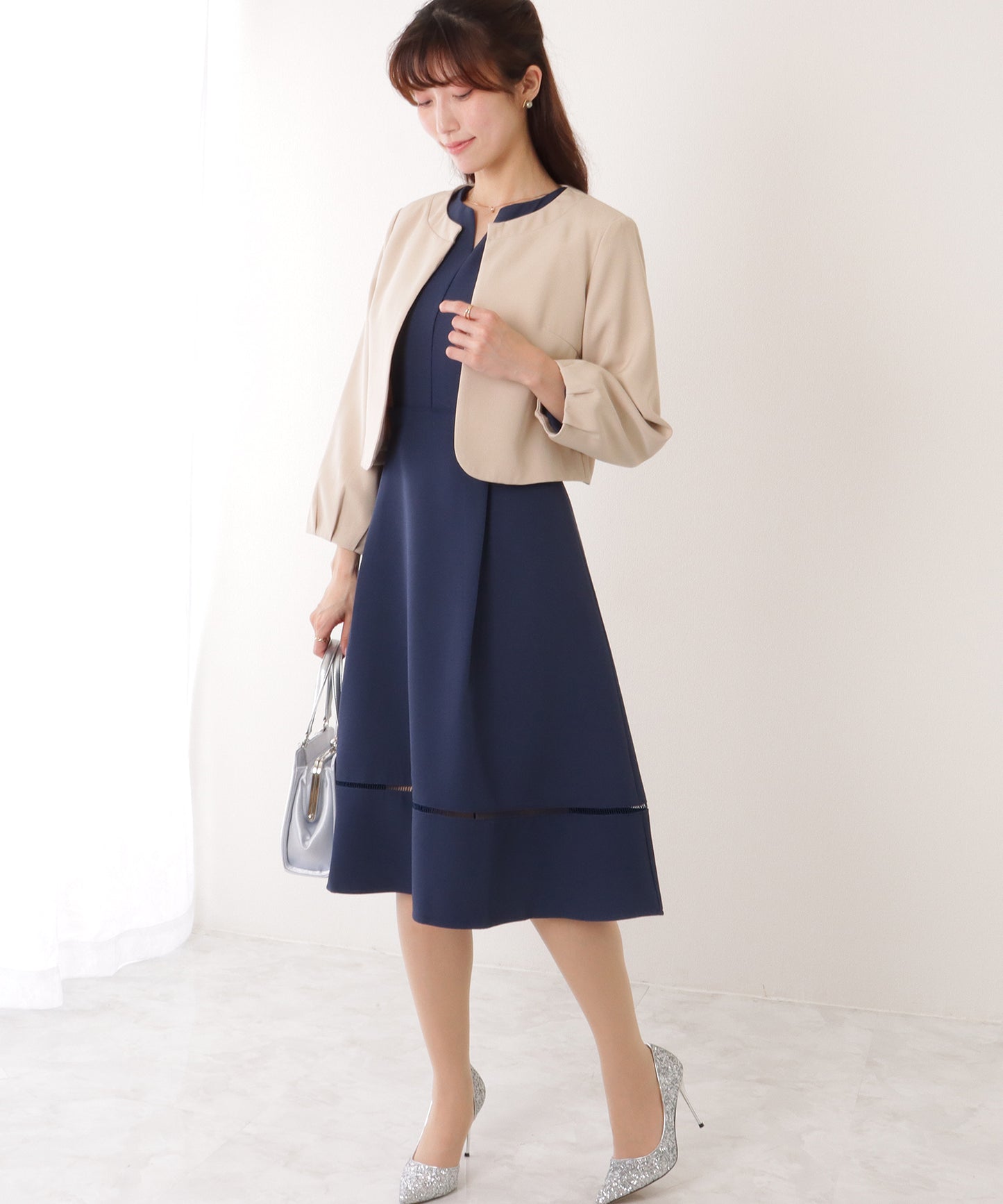 ノーカラー ジャケット付き キーネック Aライン ワンピース