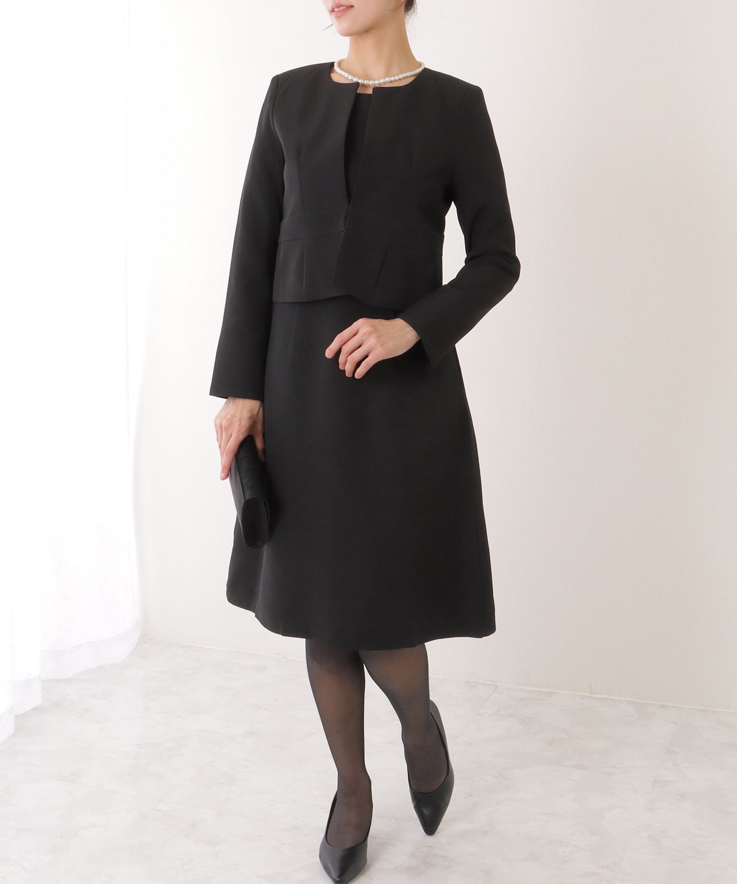 ノーカラー ジャケット付き Aライン ベーシック ワンピース