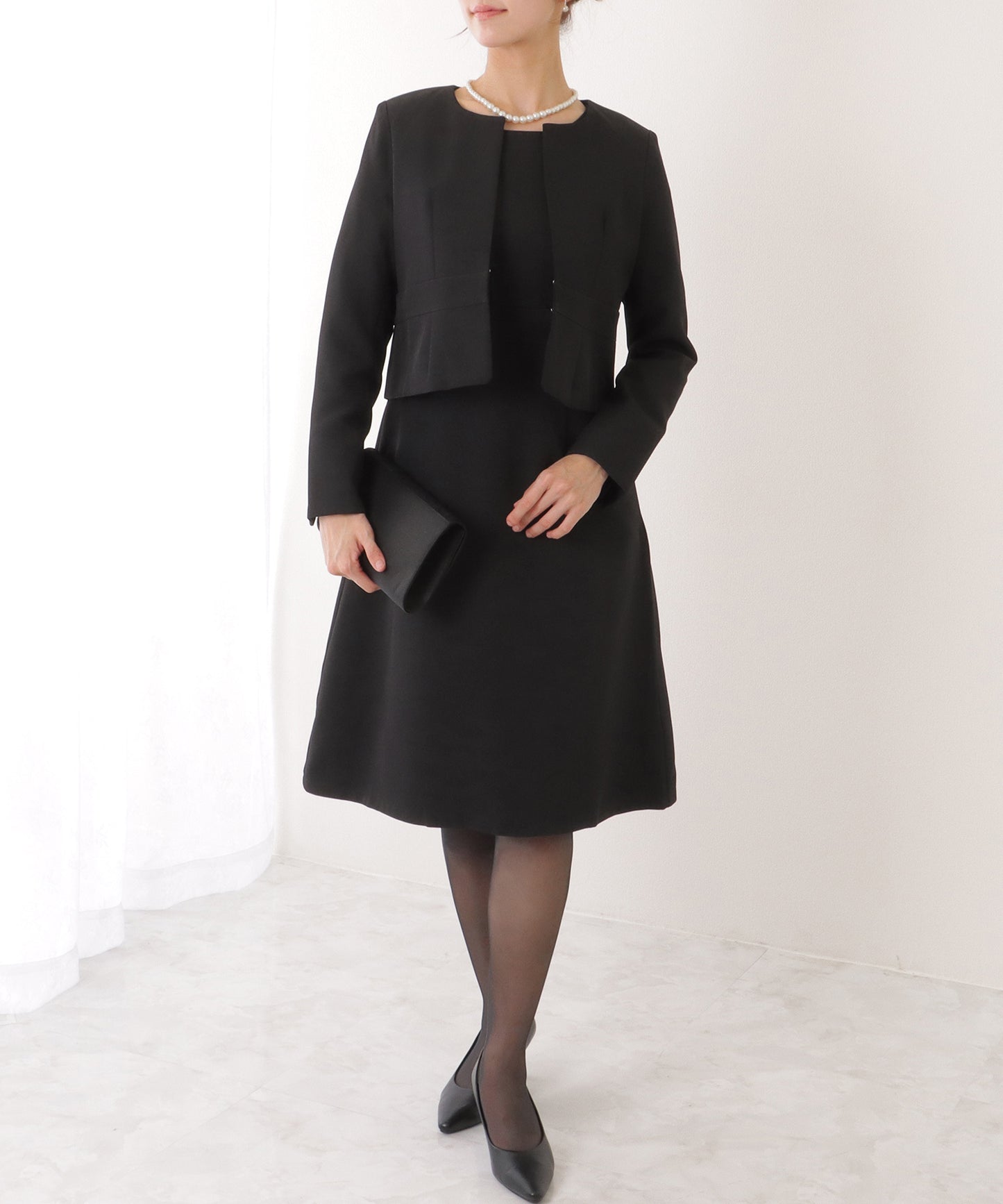 ノーカラー ジャケット付き Aライン ベーシック ワンピース