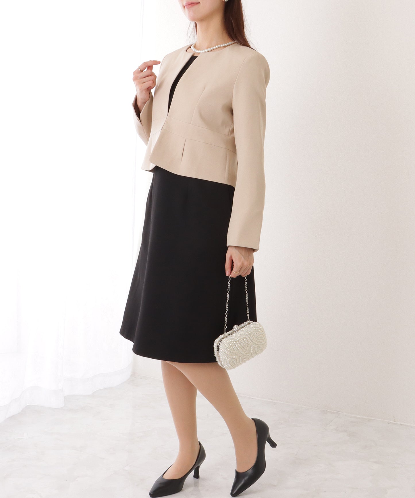 ノーカラー ジャケット付き Aライン ベーシック ワンピース