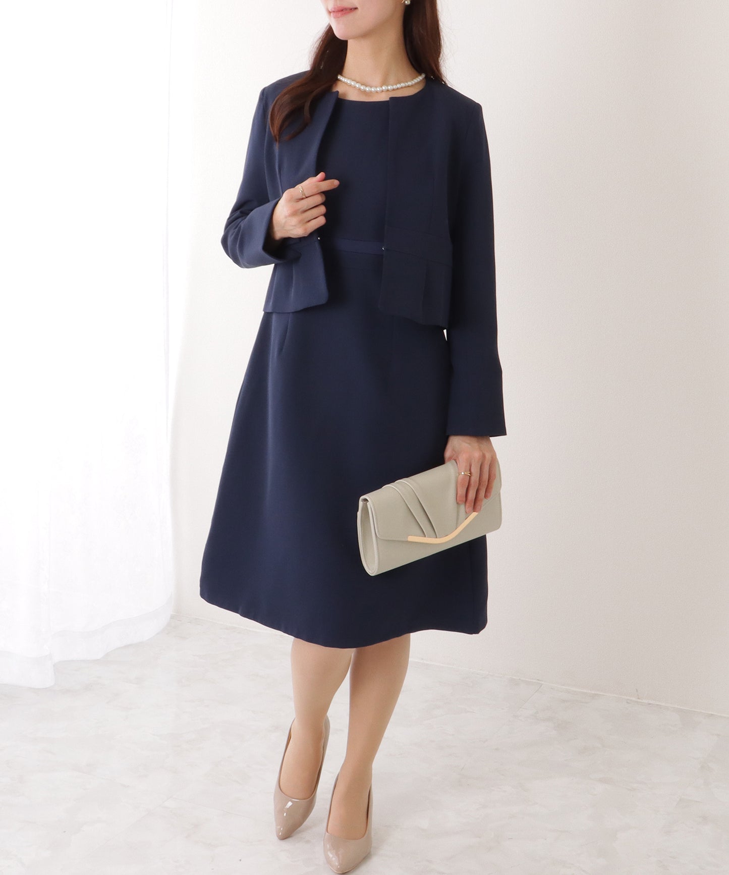 ノーカラー ジャケット付き Aライン ベーシック ワンピース