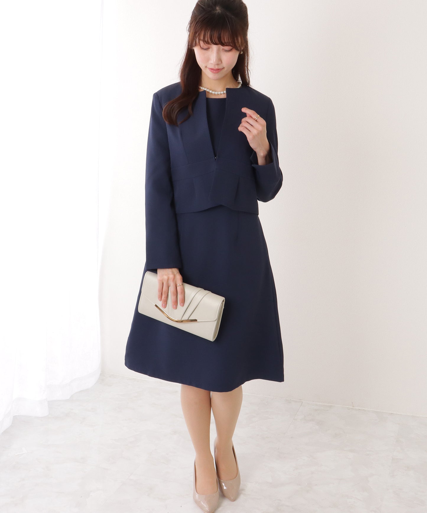 ノーカラー ジャケット付き Aライン ベーシック ワンピース