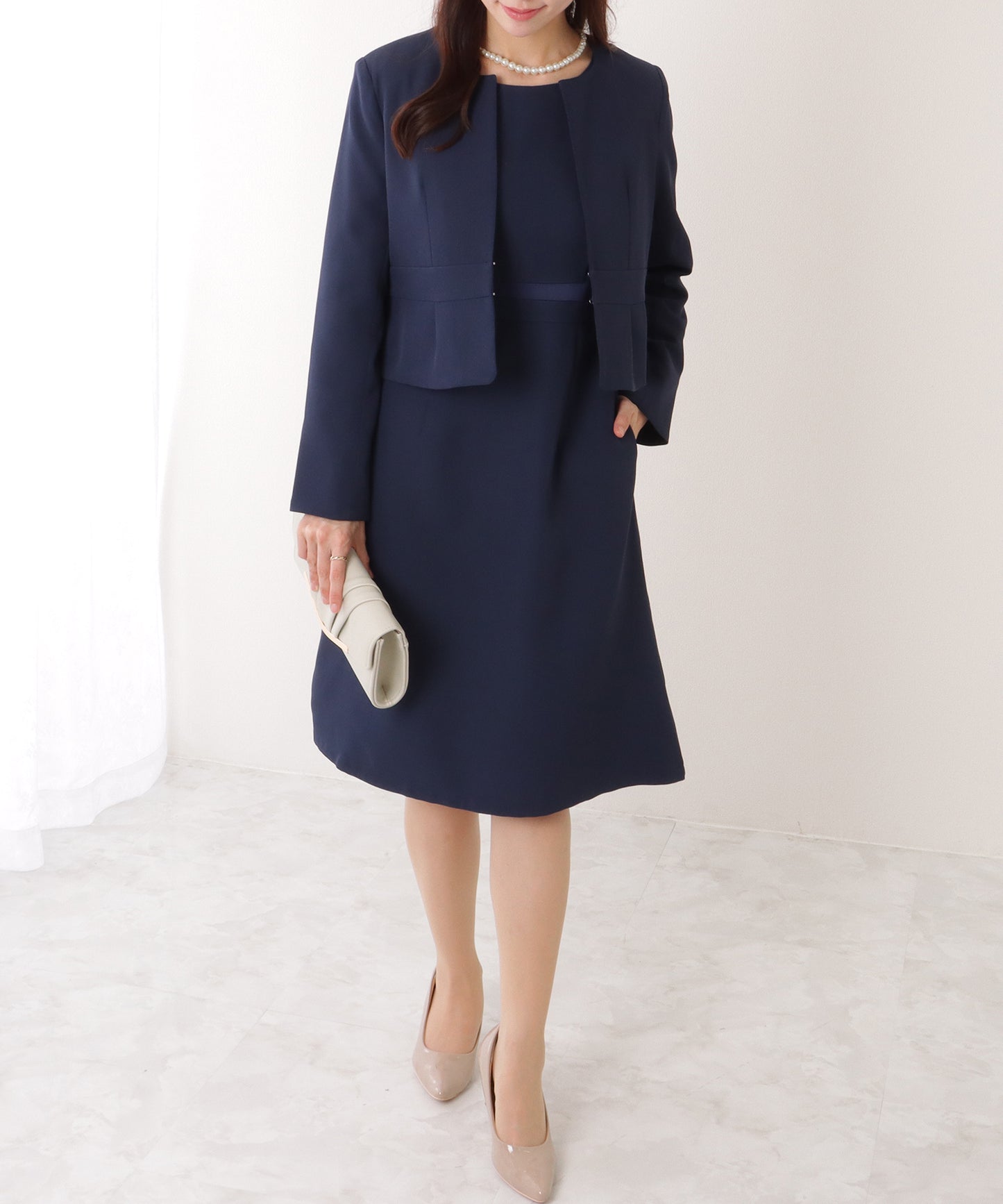 ノーカラー ジャケット付き Aライン ベーシック ワンピース