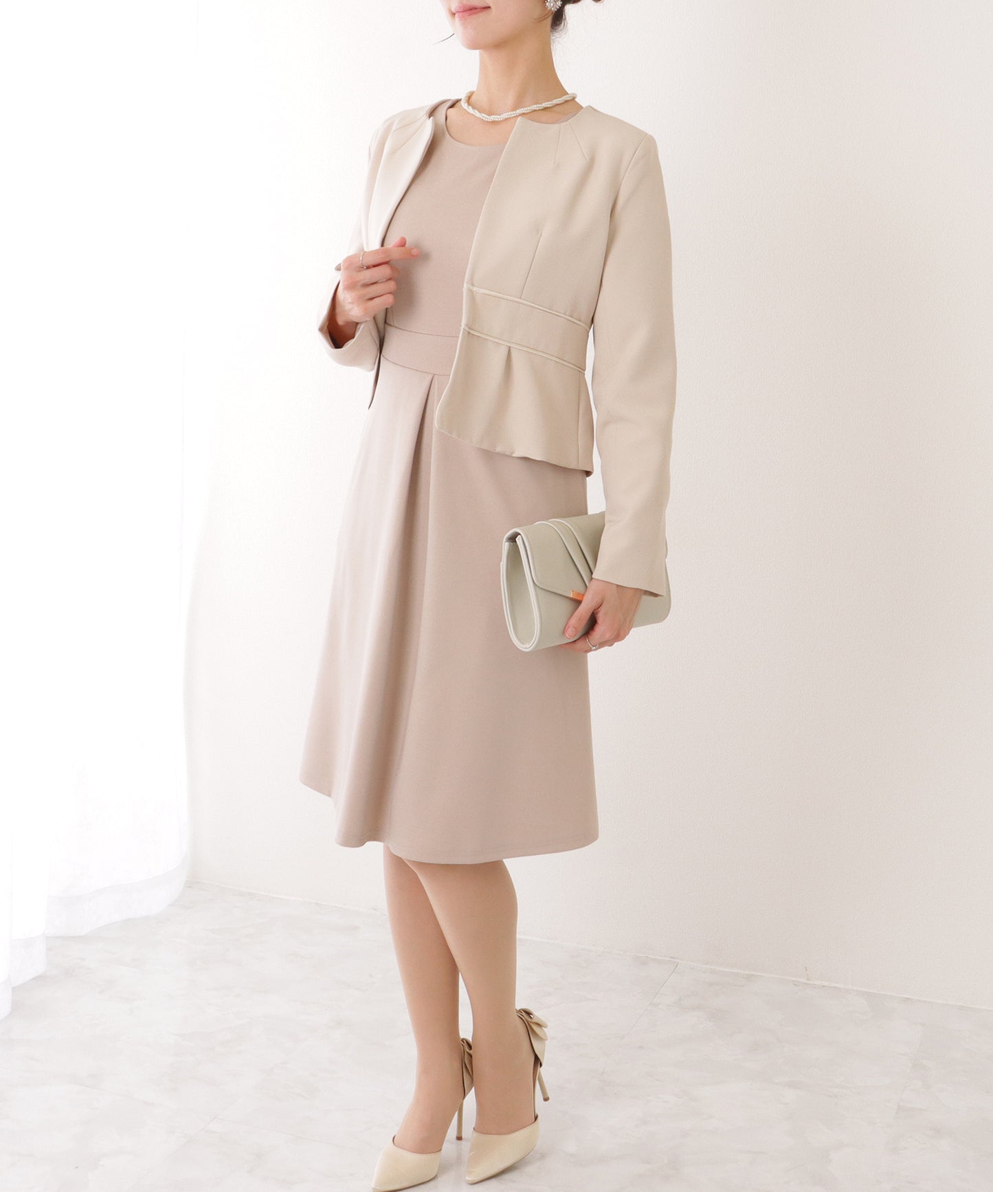 2WAY リボンジャケット付き タック ワンピース セットアップ