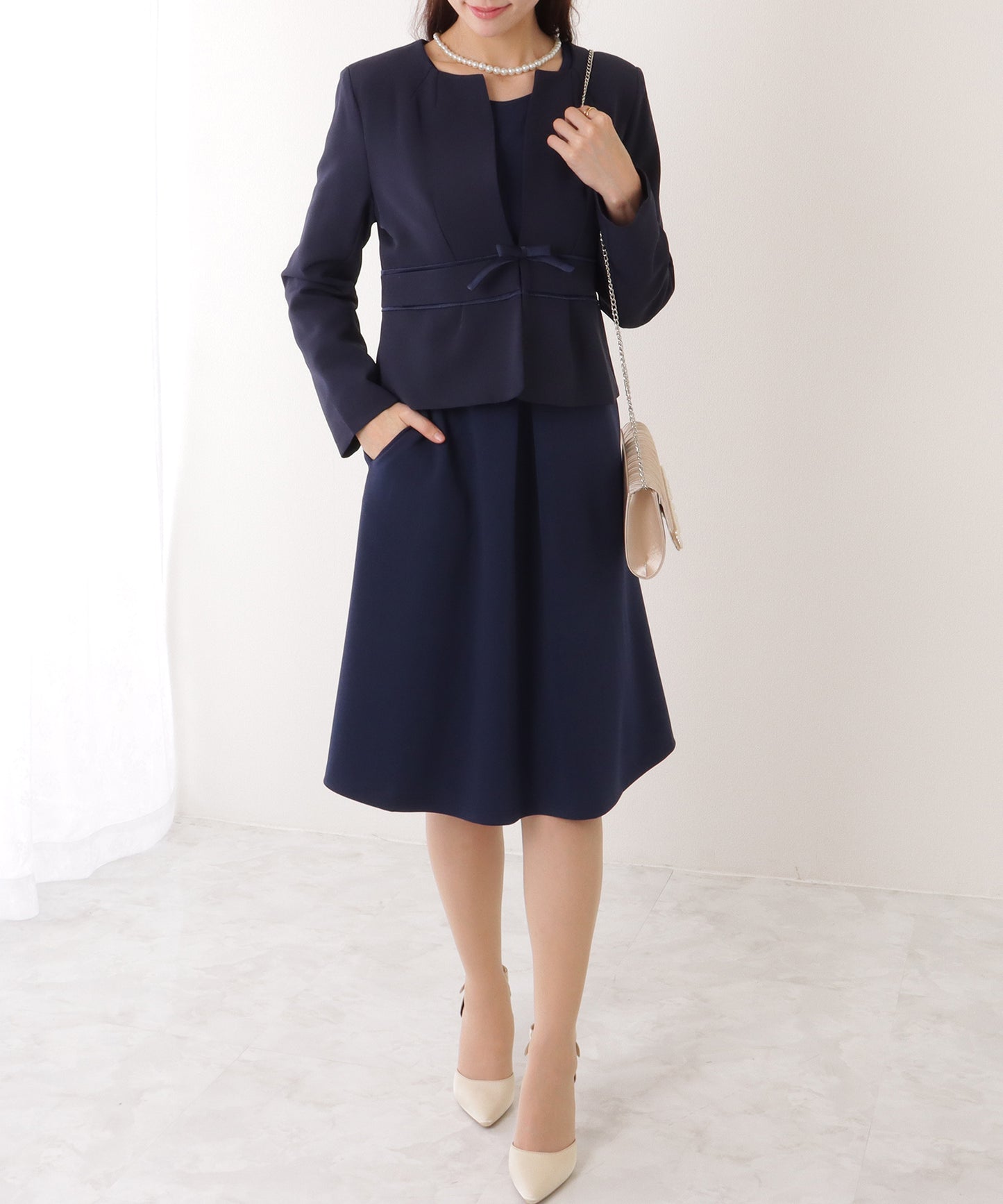 2WAY リボンジャケット付き タック ワンピース セットアップ