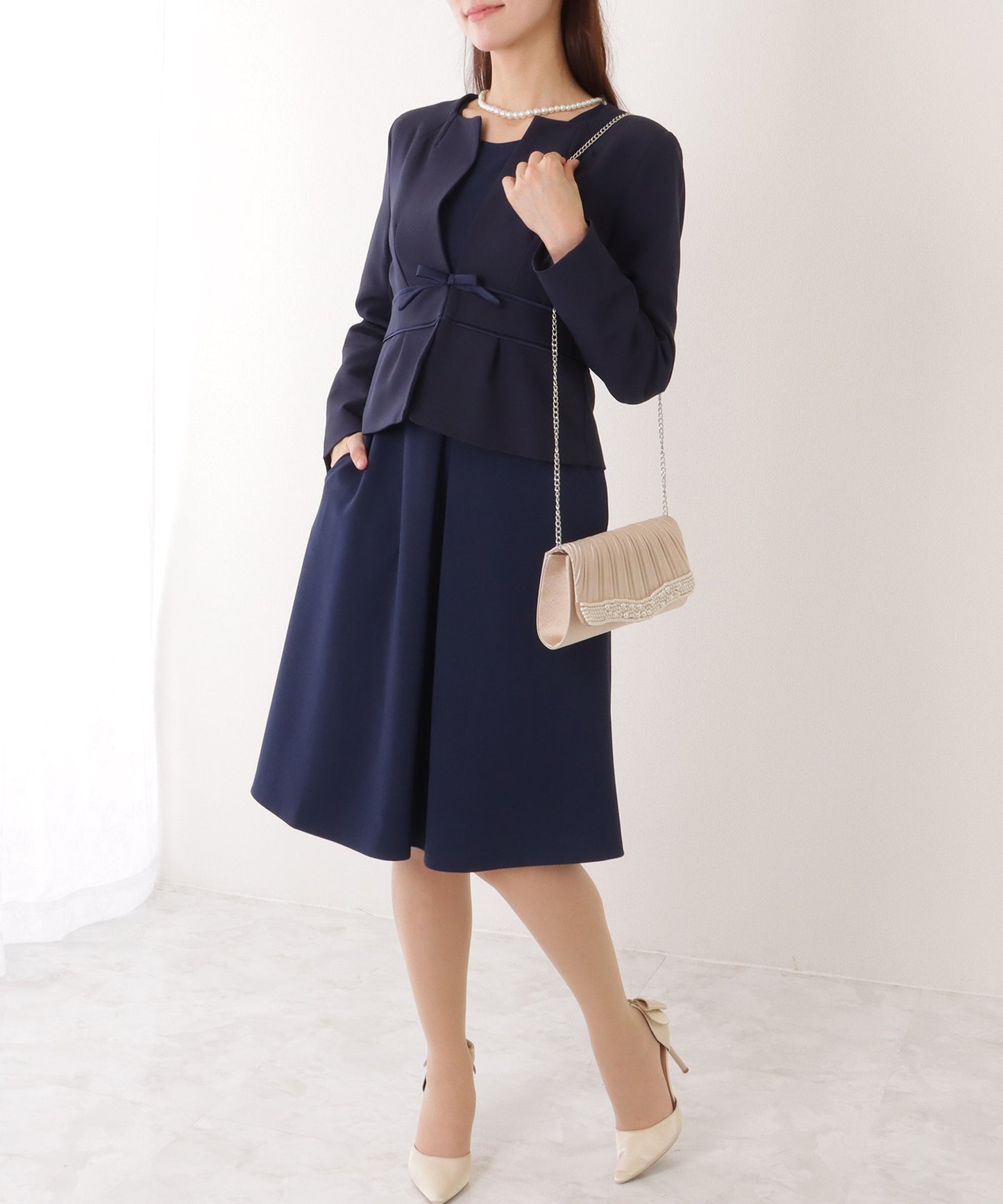 2WAY リボンジャケット付き タック ワンピース セットアップ