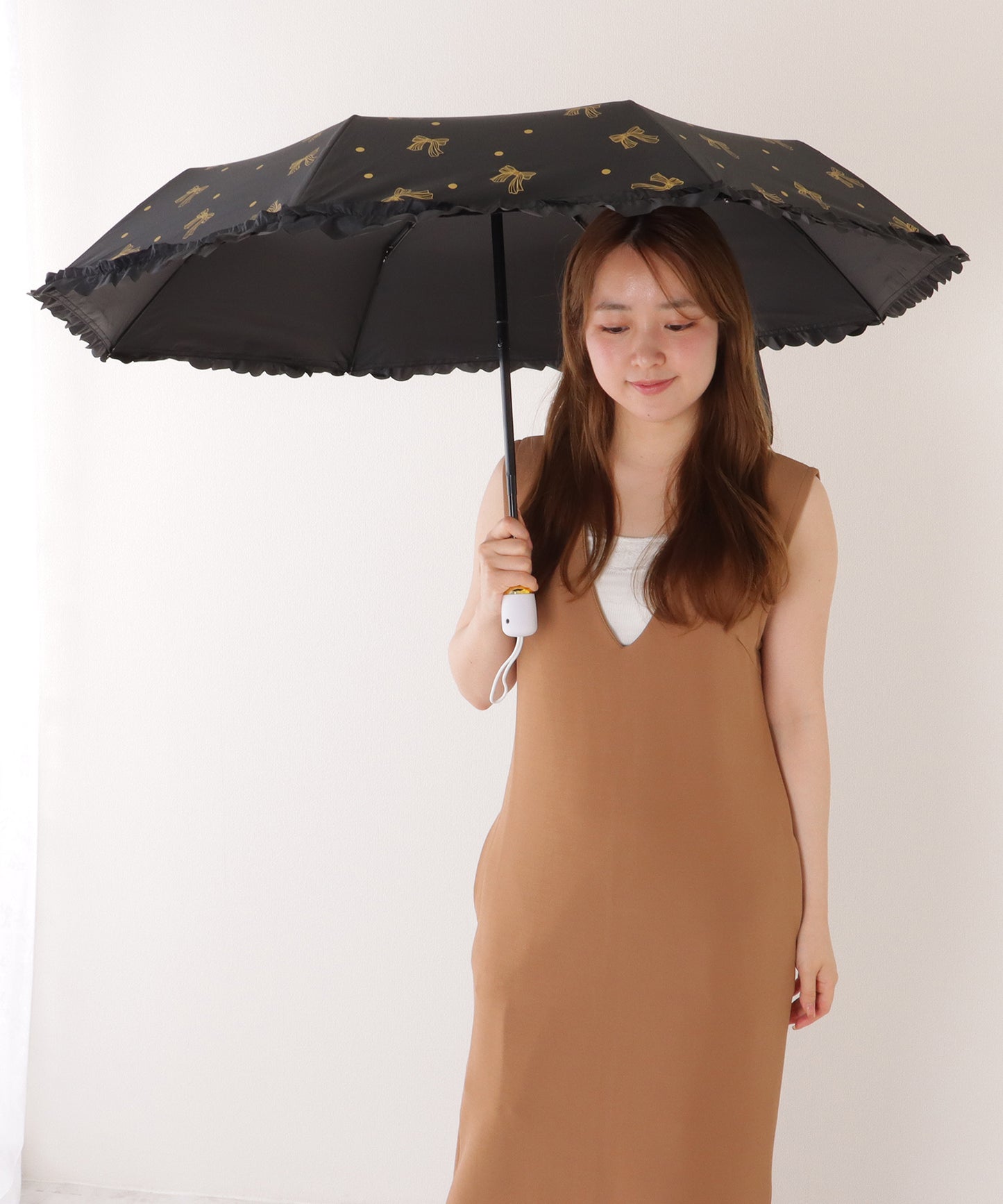 【雨晴兼用】リボン ドットフリル スカラップ ワンタッチ 折りたたみ傘