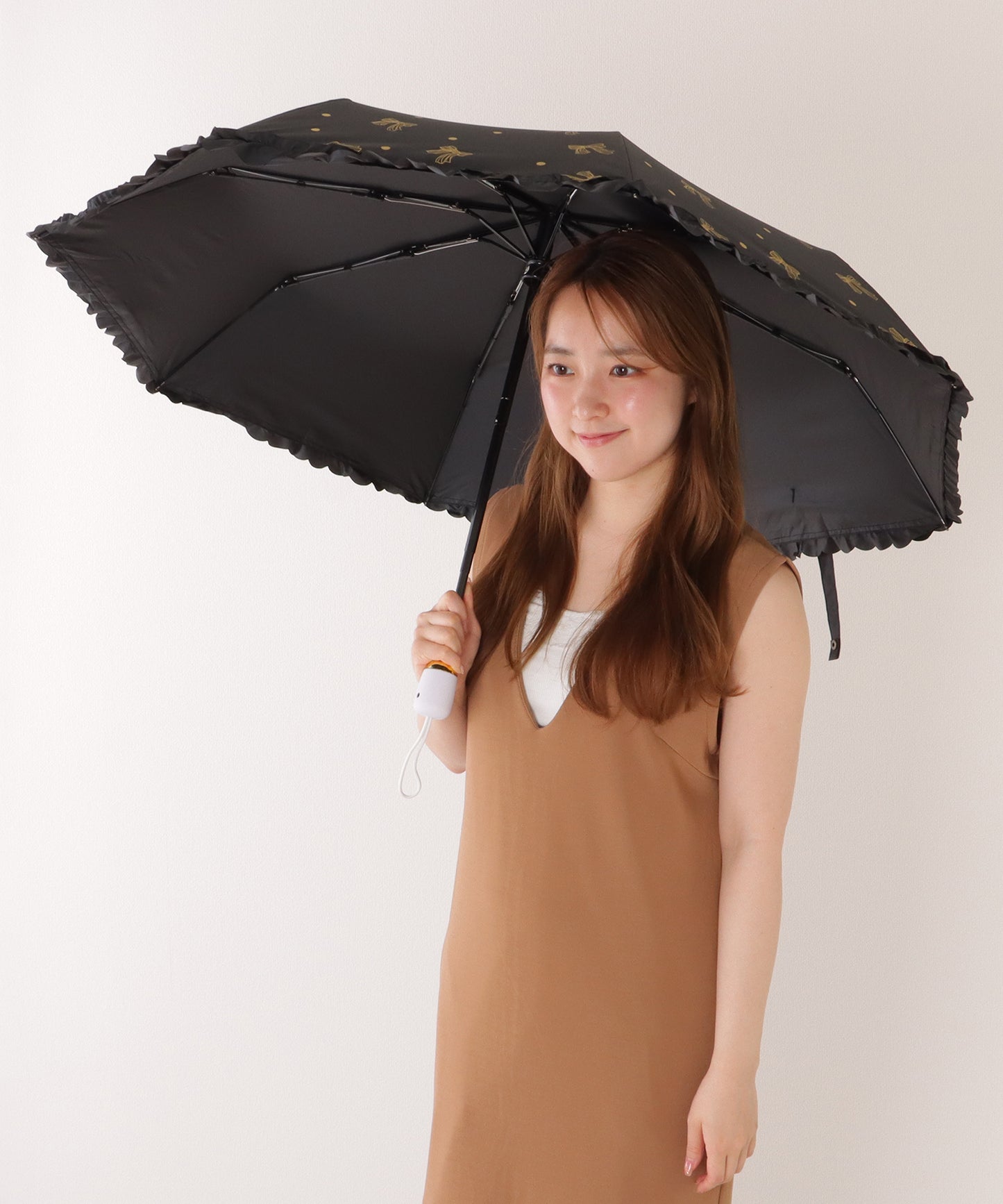 【雨晴兼用】リボン ドットフリル スカラップ ワンタッチ 折りたたみ傘