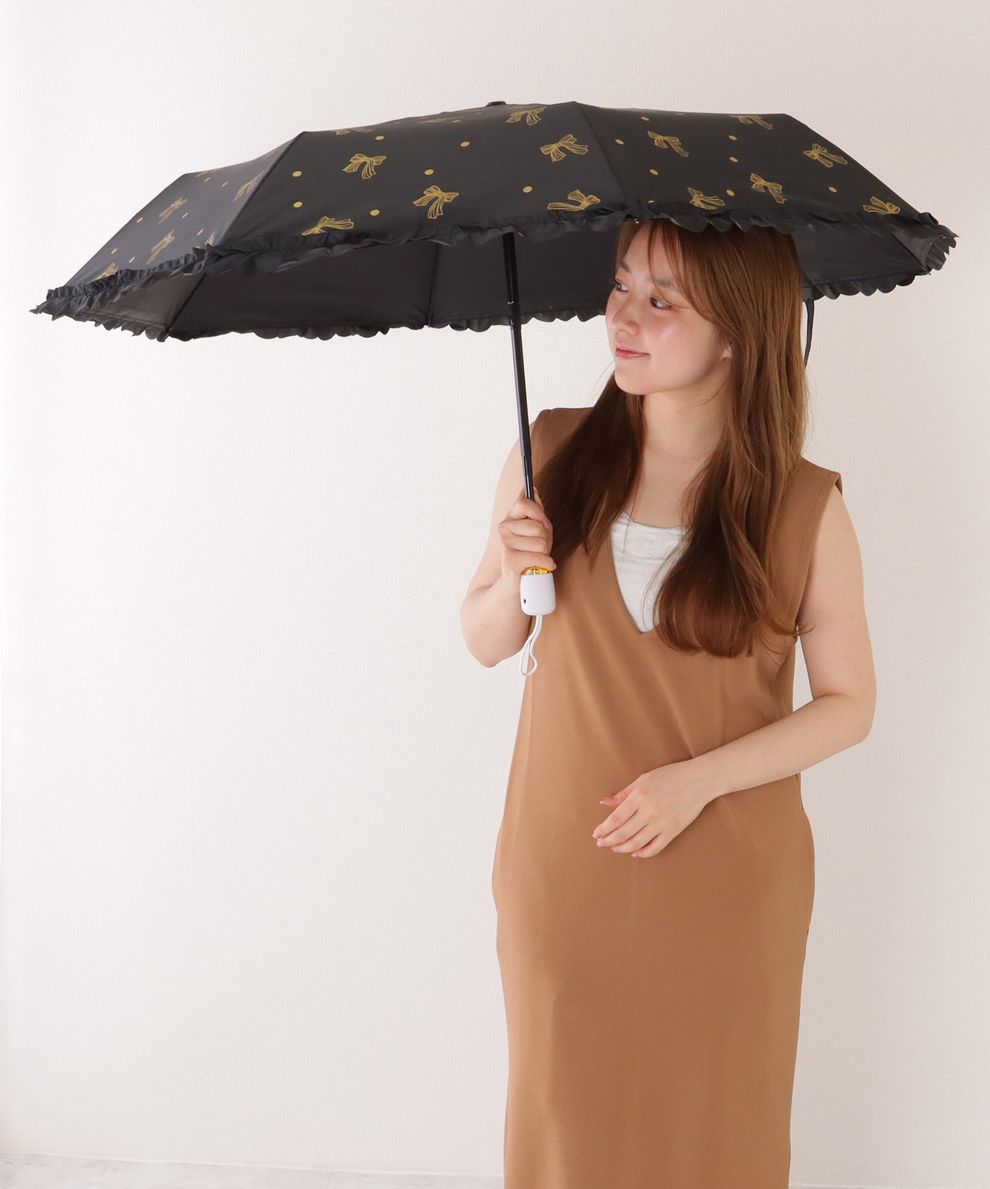 【雨晴兼用】リボン ドットフリル スカラップ ワンタッチ 折りたたみ傘