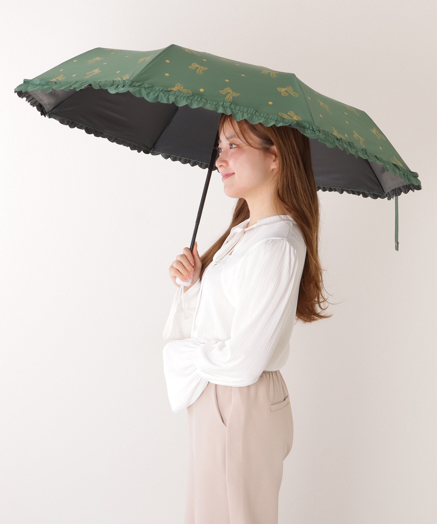 【雨晴兼用】リボン ドットフリル スカラップ ワンタッチ 折りたたみ傘
