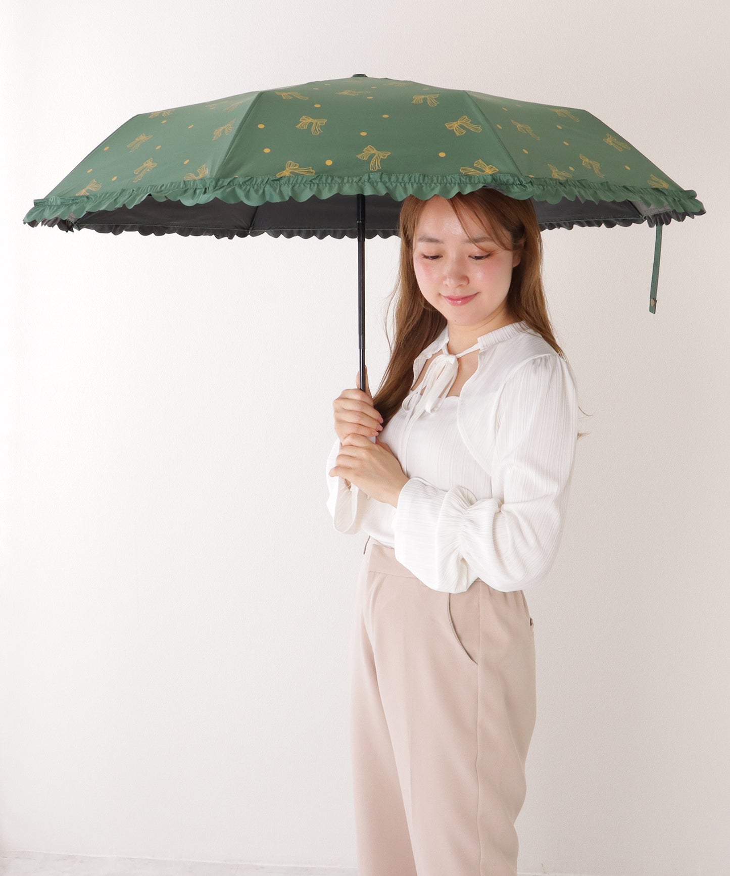 【雨晴兼用】リボン ドットフリル スカラップ ワンタッチ 折りたたみ傘