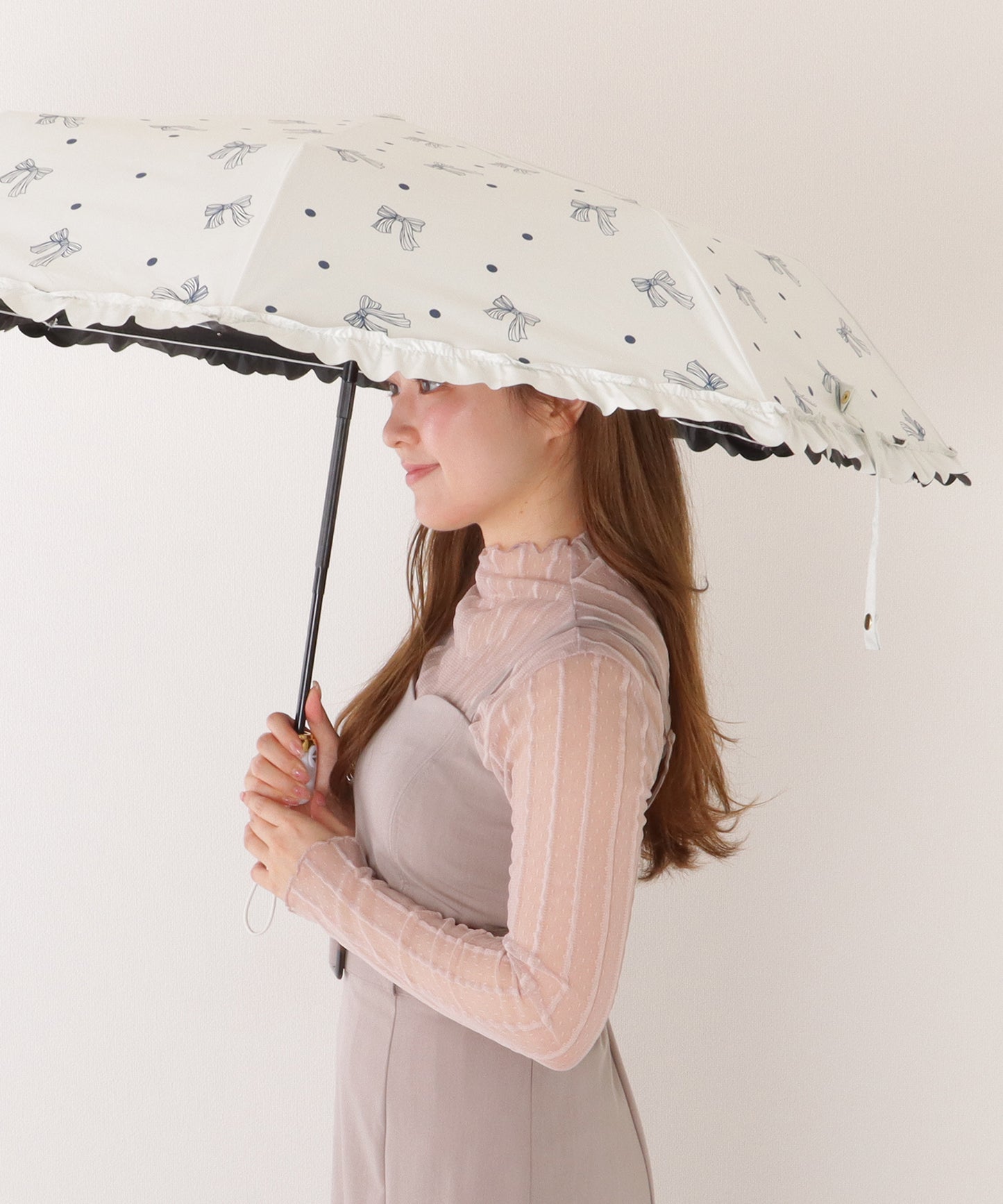 【雨晴兼用】リボン ドットフリル スカラップ ワンタッチ 折りたたみ傘