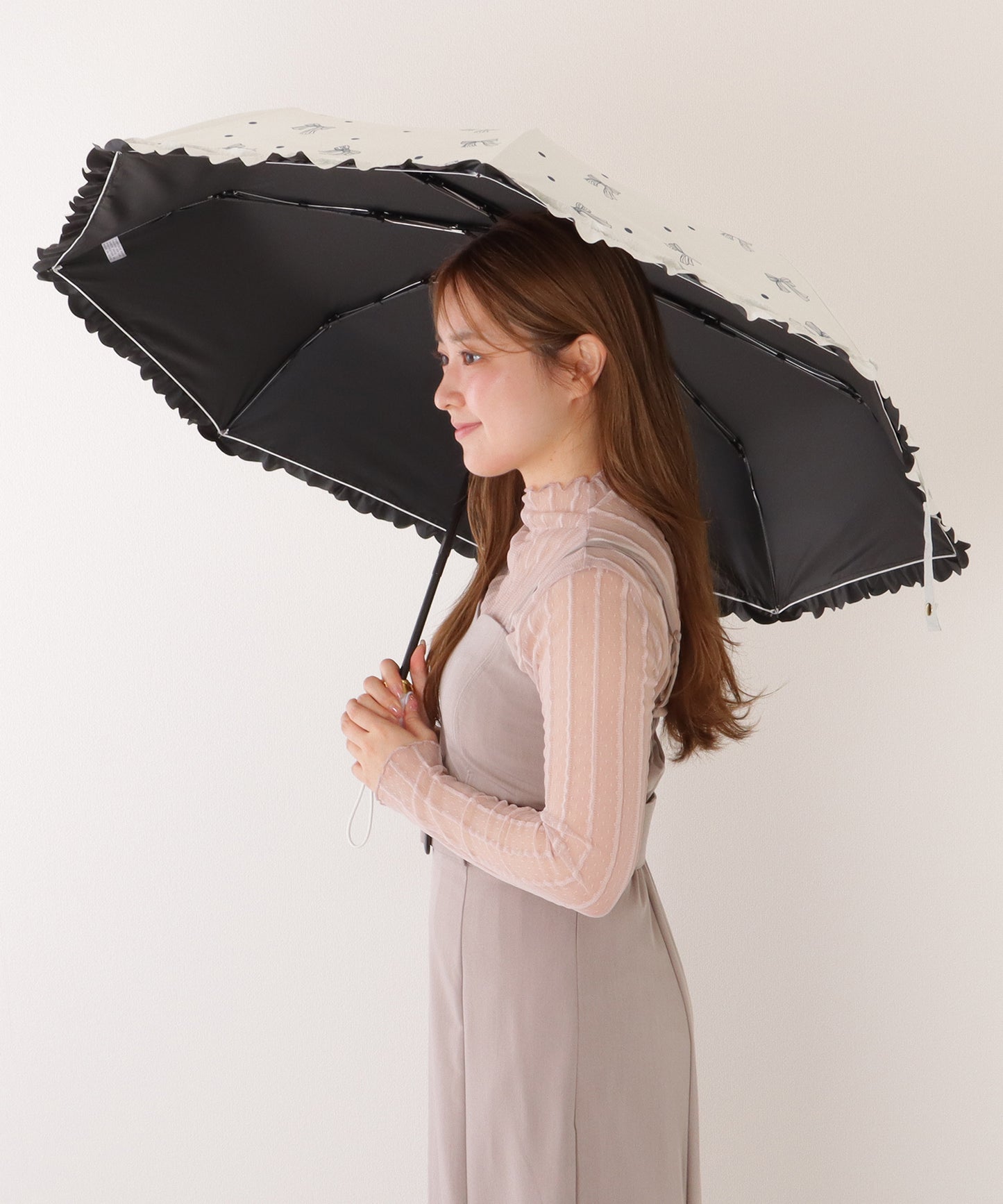 【雨晴兼用】リボン ドットフリル スカラップ ワンタッチ 折りたたみ傘