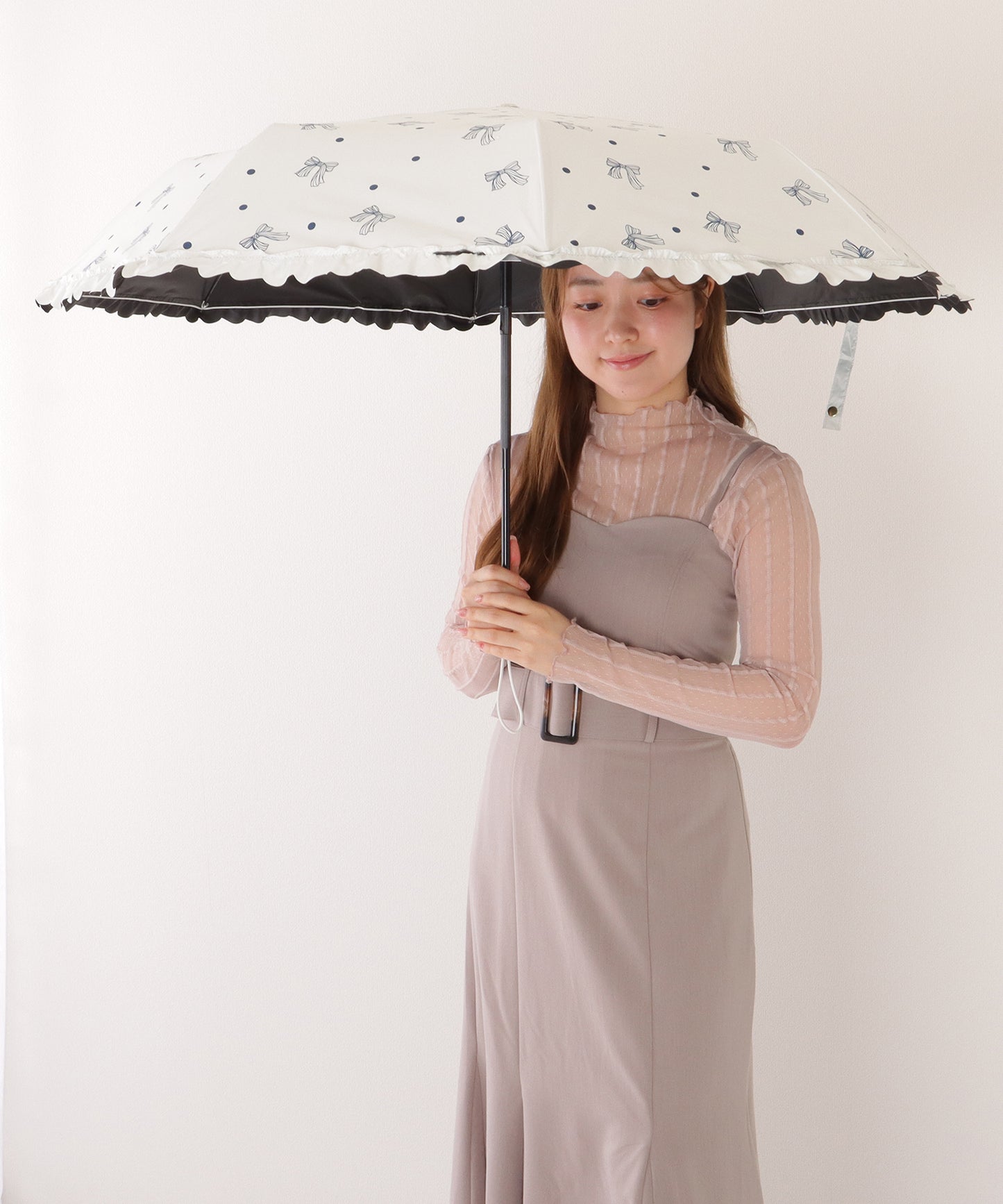 【雨晴兼用】リボン ドットフリル スカラップ ワンタッチ 折りたたみ傘