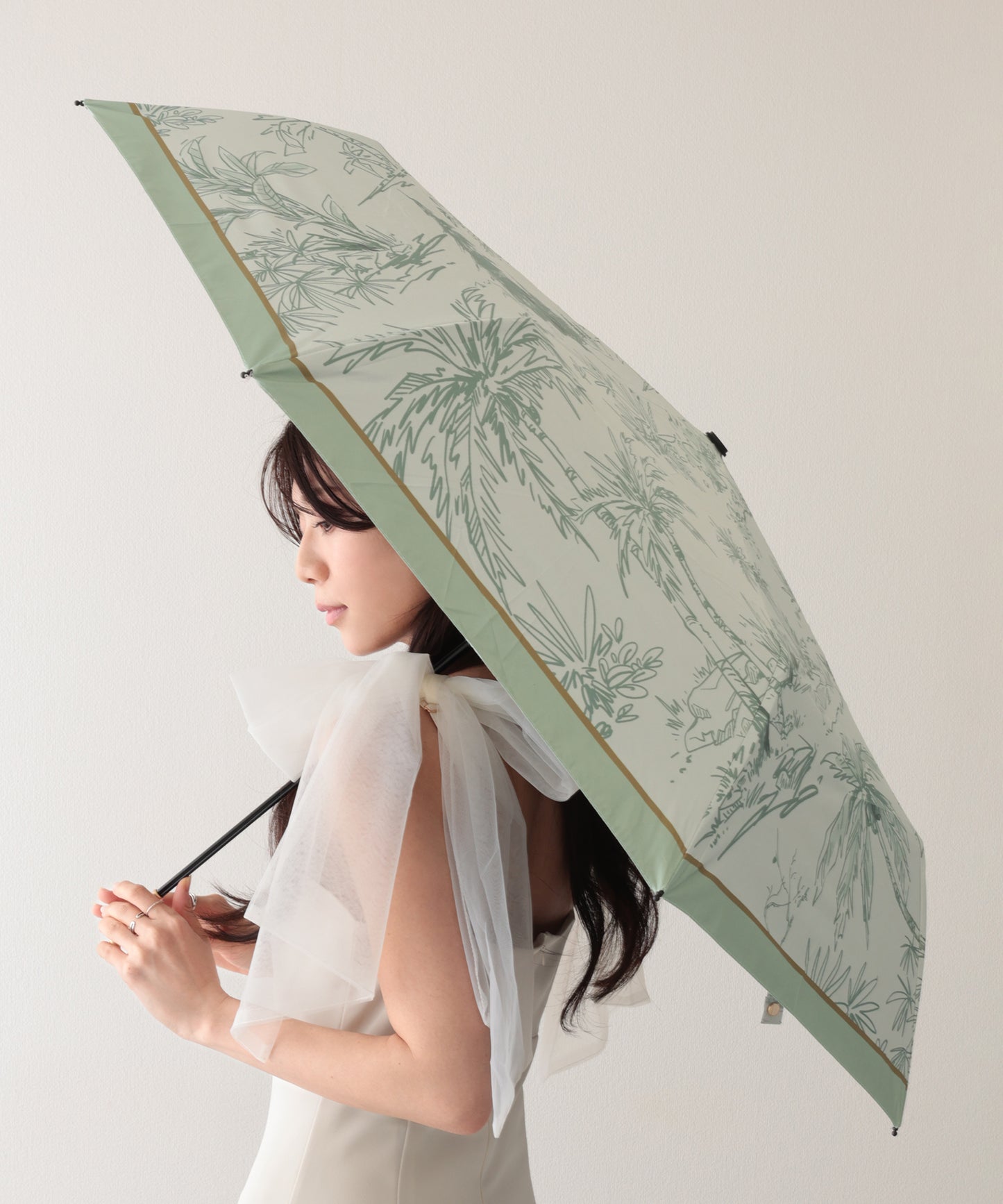 晴雨兼用 ボタニカル柄 メタリック ハンドル 折りたたみ傘