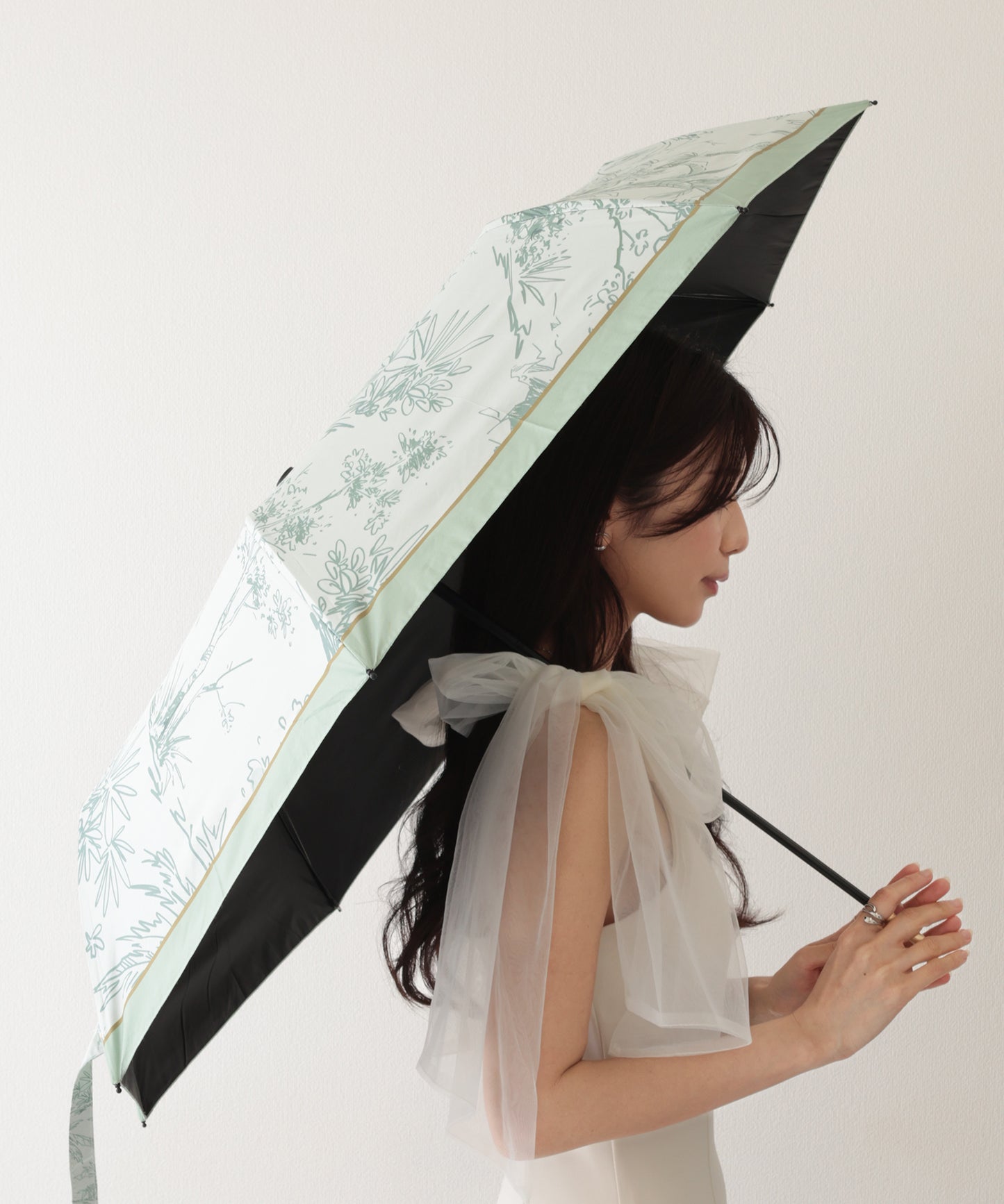 晴雨兼用 ボタニカル柄 メタリック ハンドル 折りたたみ傘