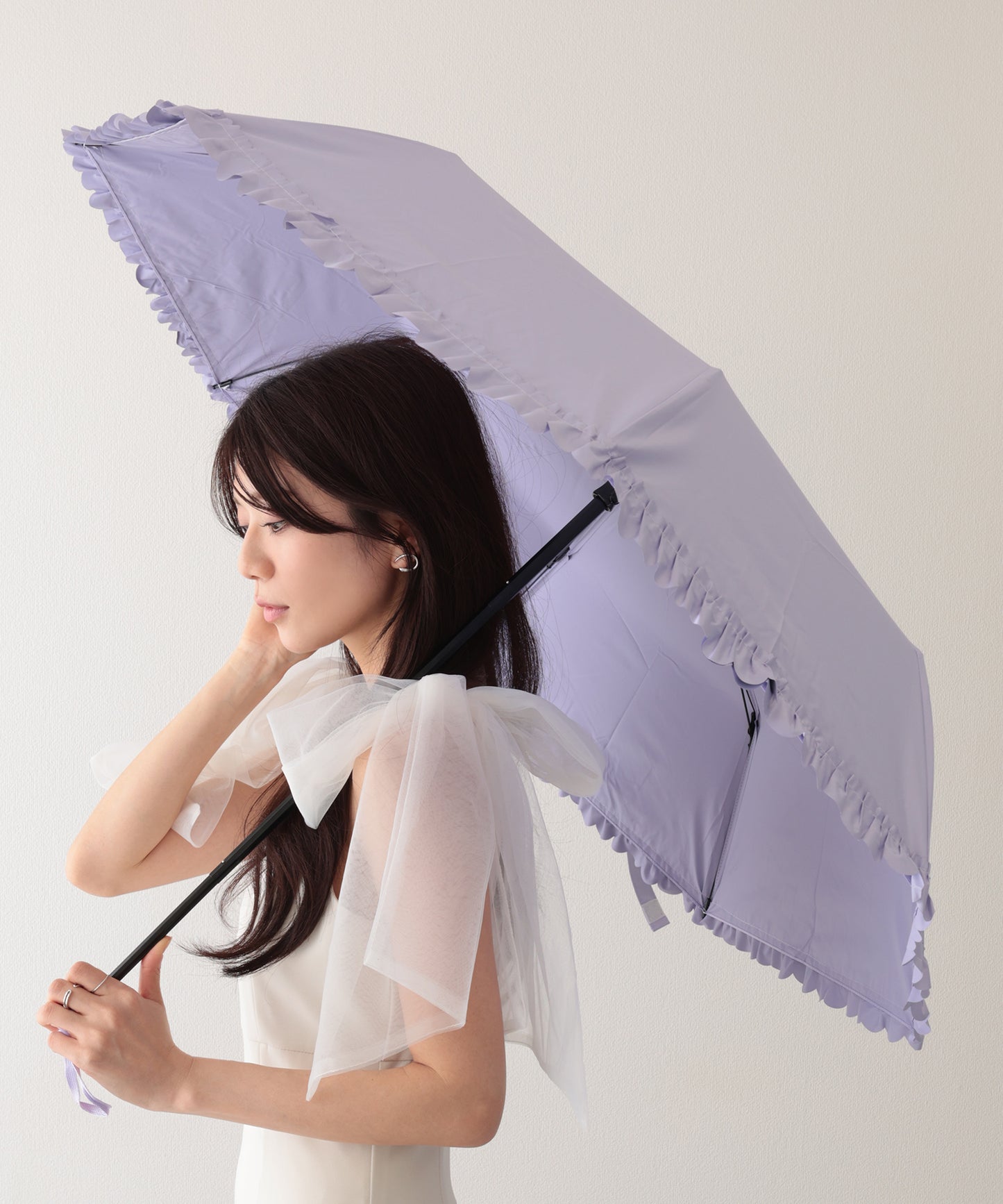 晴雨兼用 ソリッドカラー シンプル フリル 折りたたみ傘