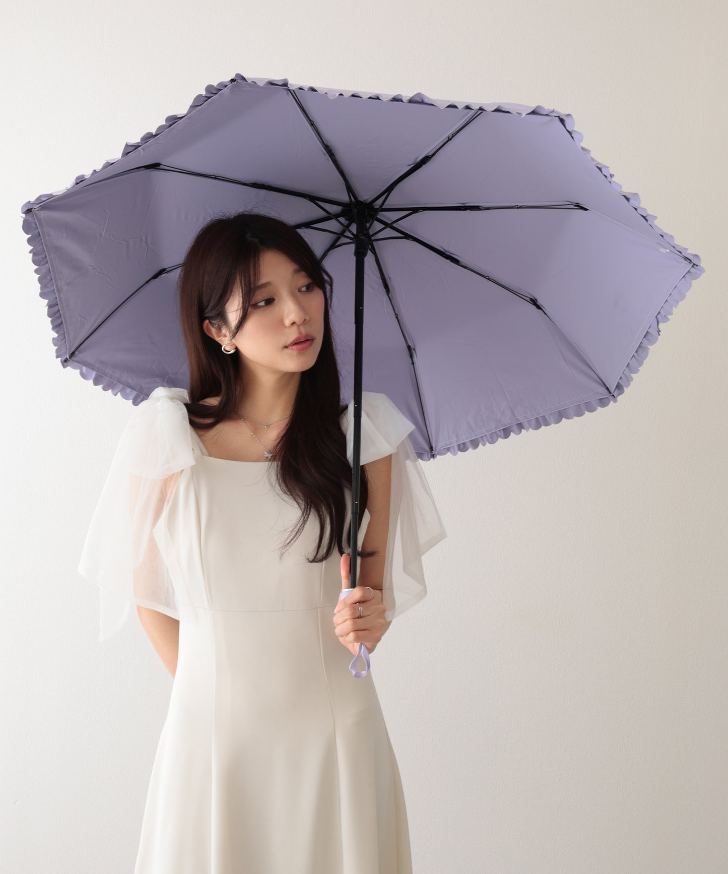 晴雨兼用 ソリッドカラー シンプル フリル 折りたたみ傘