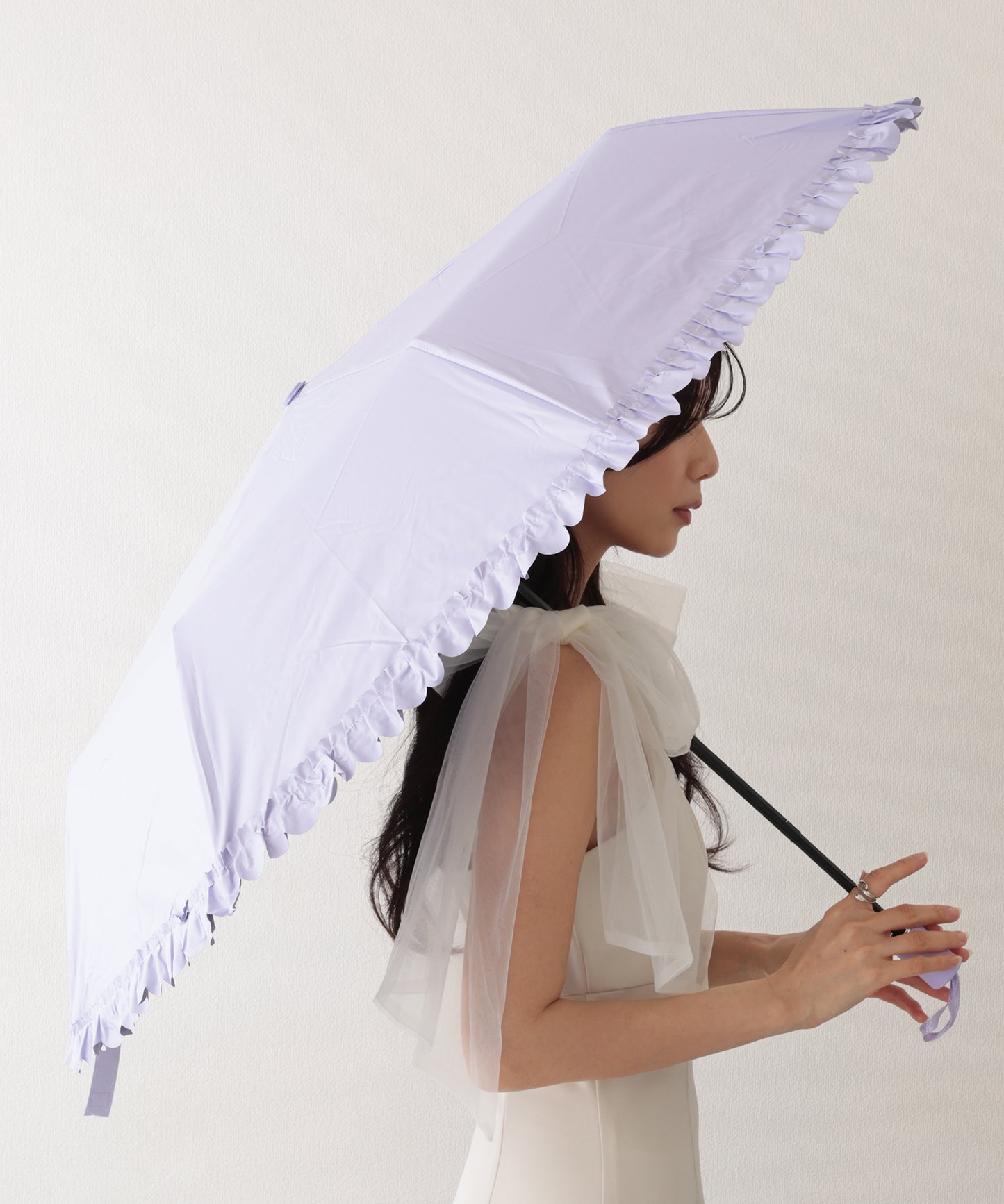 晴雨兼用 ソリッドカラー シンプル フリル 折りたたみ傘