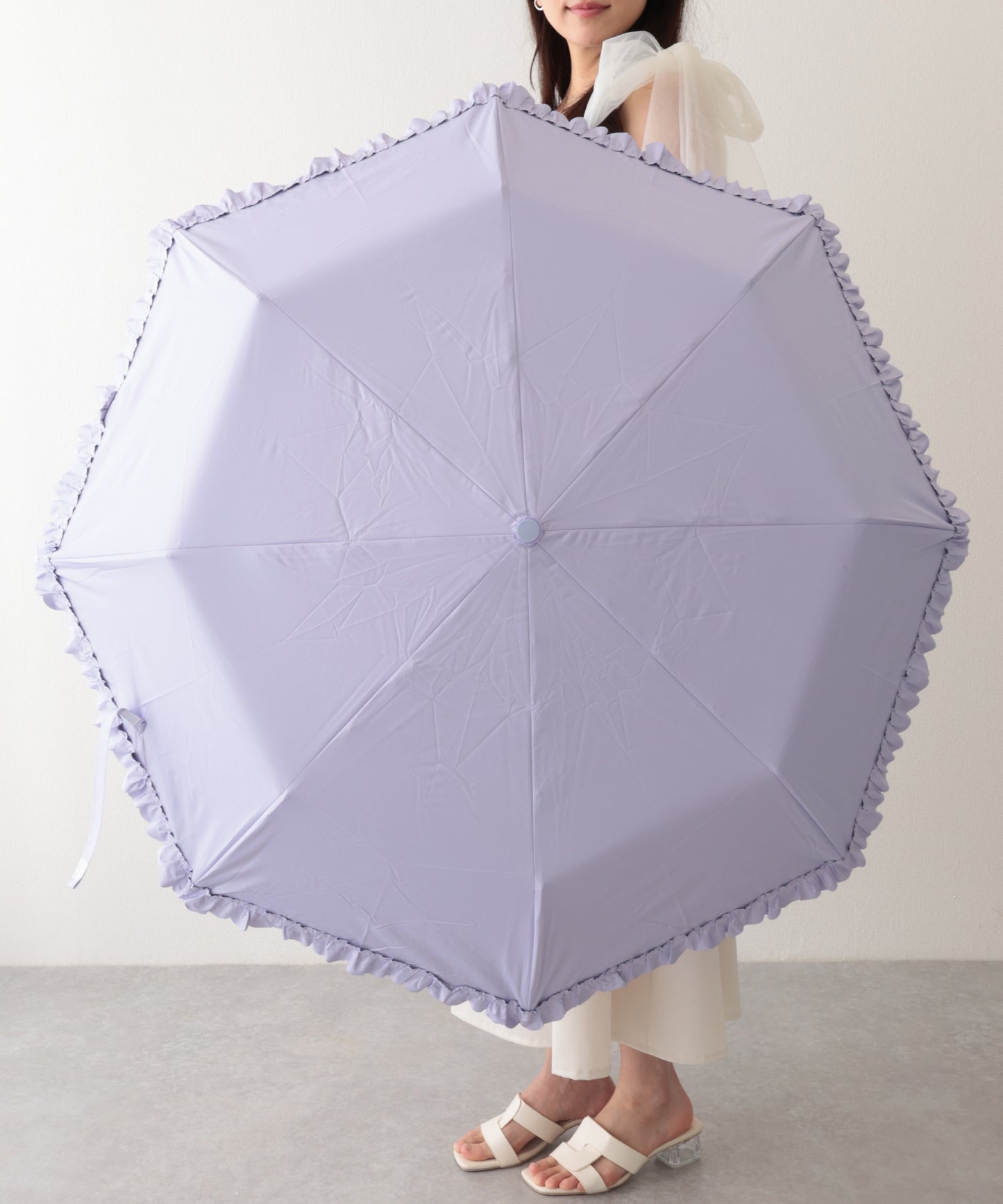 晴雨兼用 ソリッドカラー シンプル フリル 折りたたみ傘