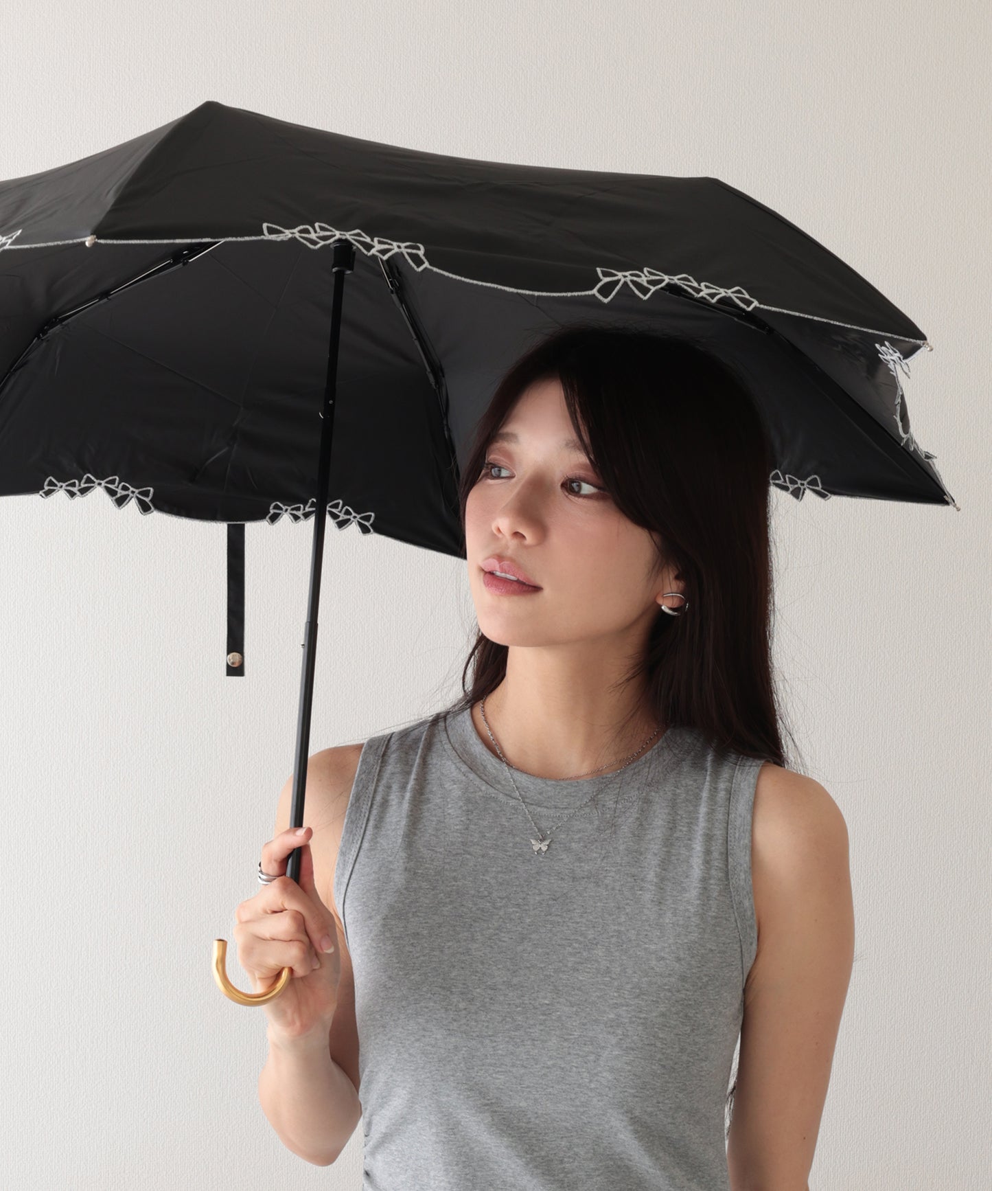 晴雨兼用 配色 リボン フレーム 折りたたみ傘
