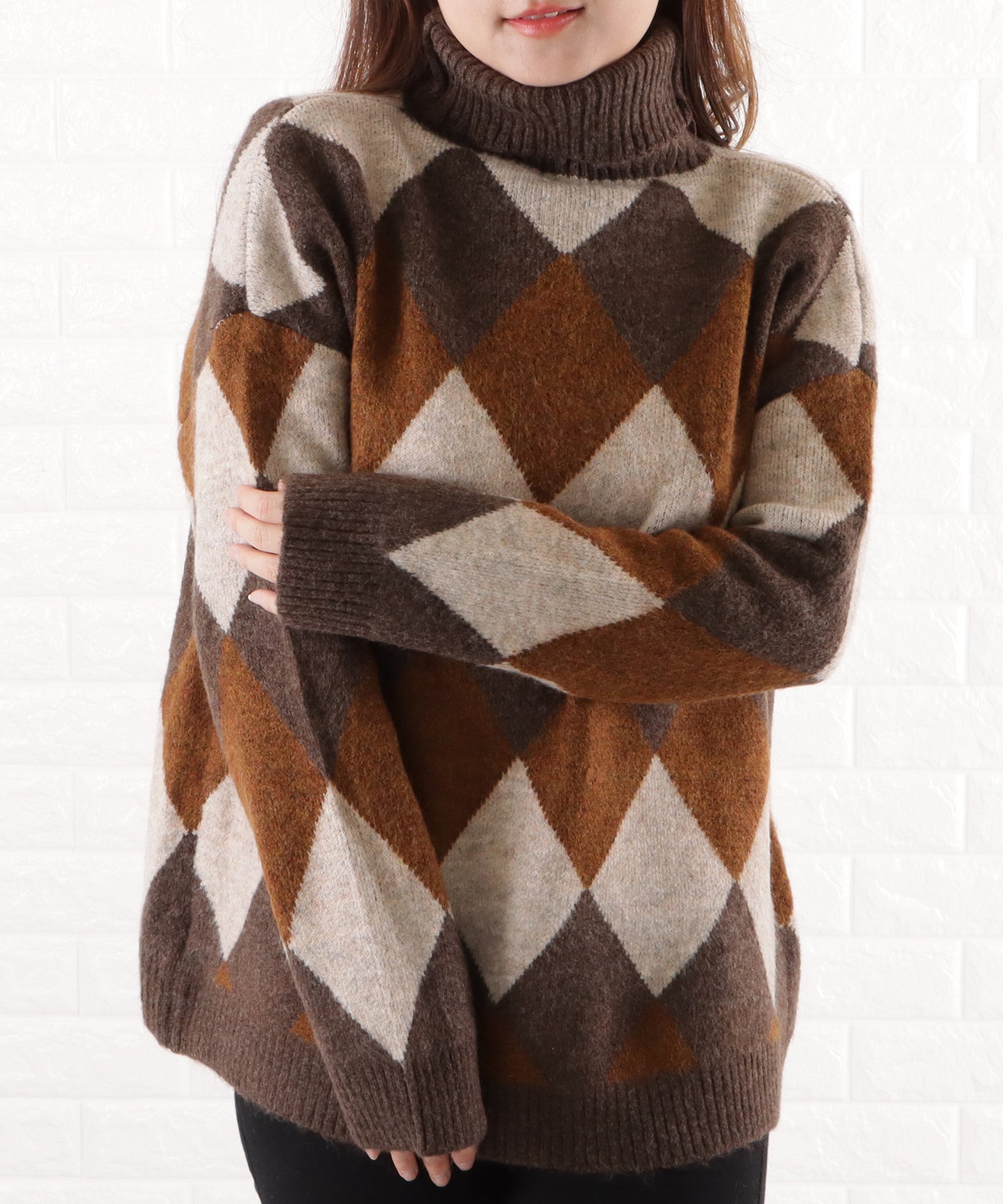 ダイヤ柄タートルネックニットプルオーバー