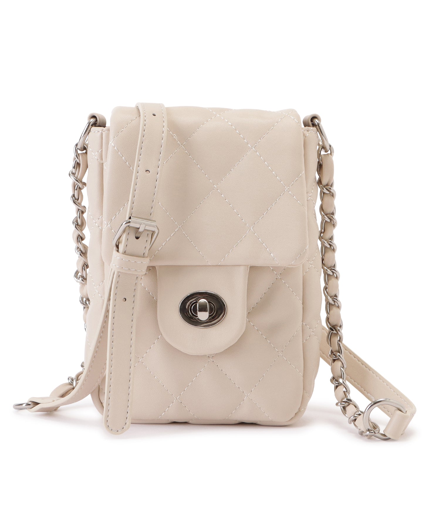 メタリックバックル付きレザー調キルティングショルダーバッグ