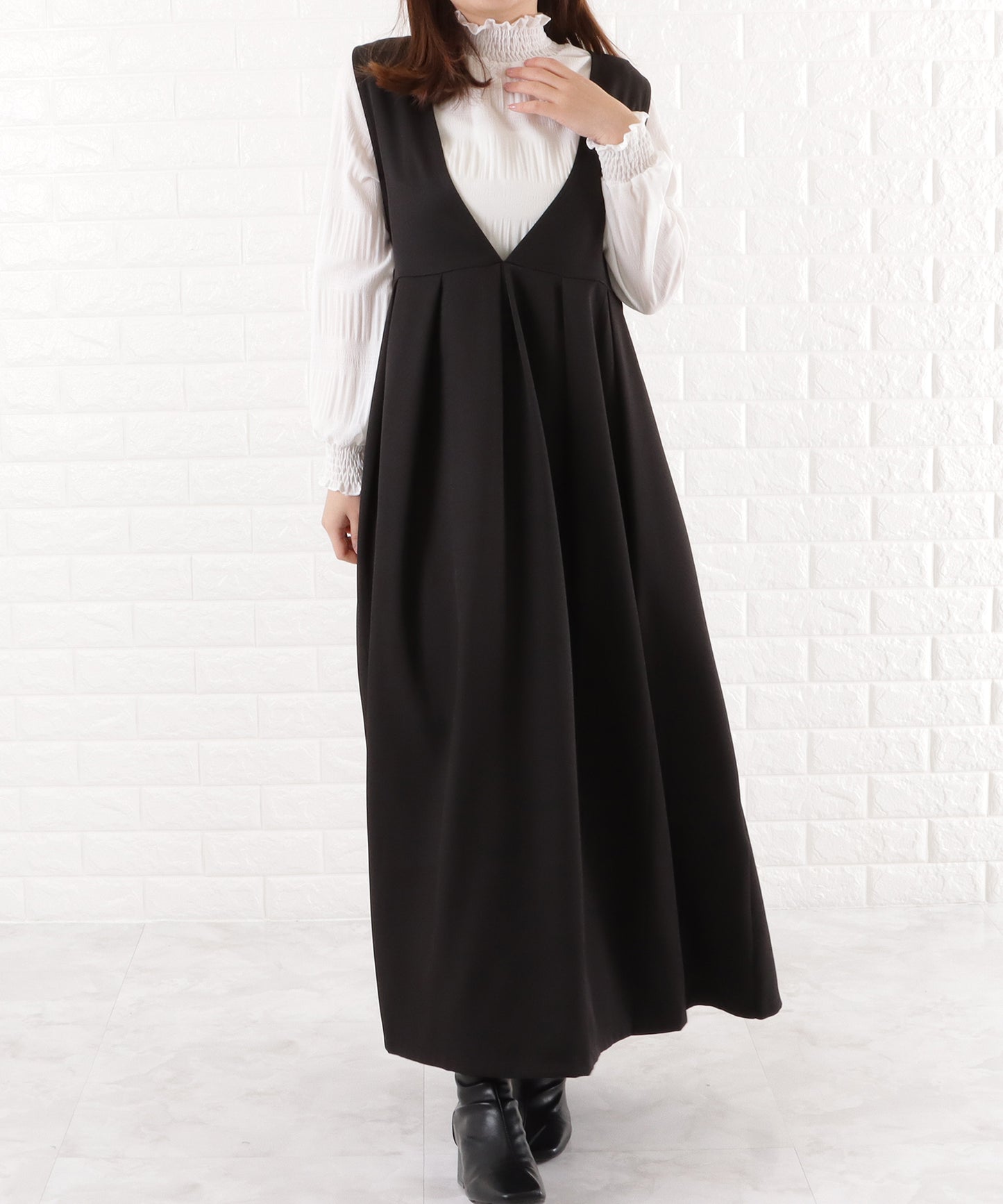 深Vネック ロング ジャンパースカート