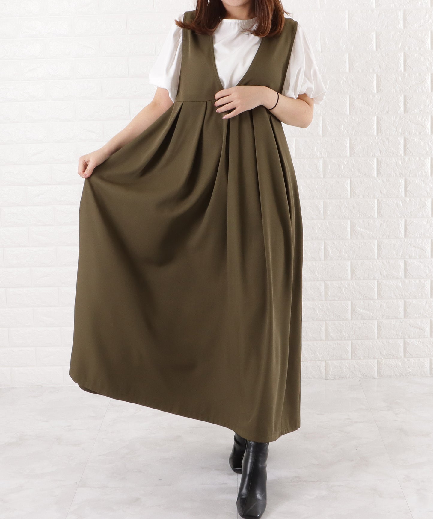 深Vネック ロング ジャンパースカート