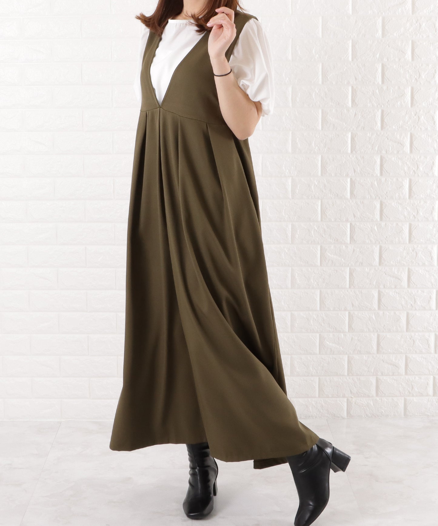 深Vネック ロング ジャンパースカート