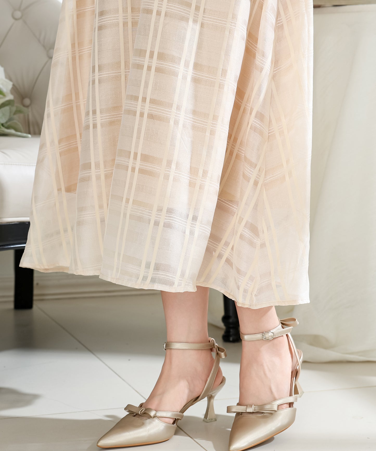 シアー チェック柄 スクエアカラー ロング ワンピース