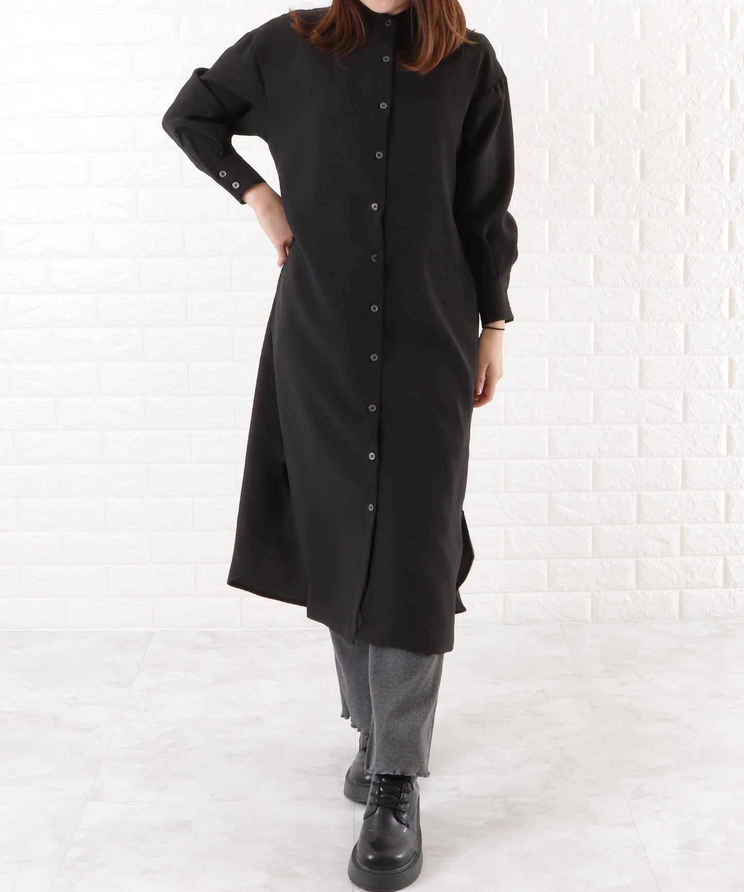 バンドカラー ロングシャツワンピース