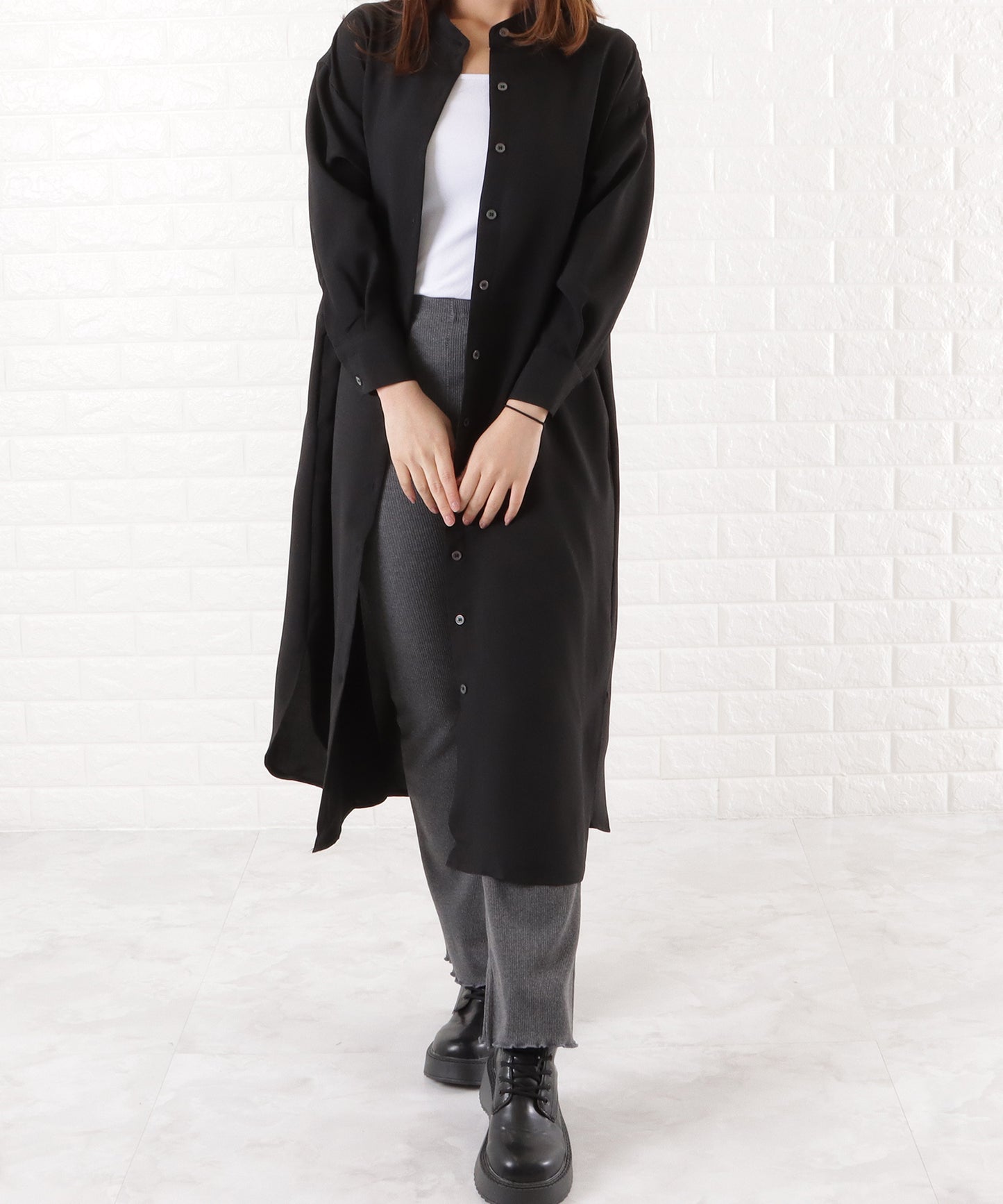 バンドカラー ロングシャツワンピース