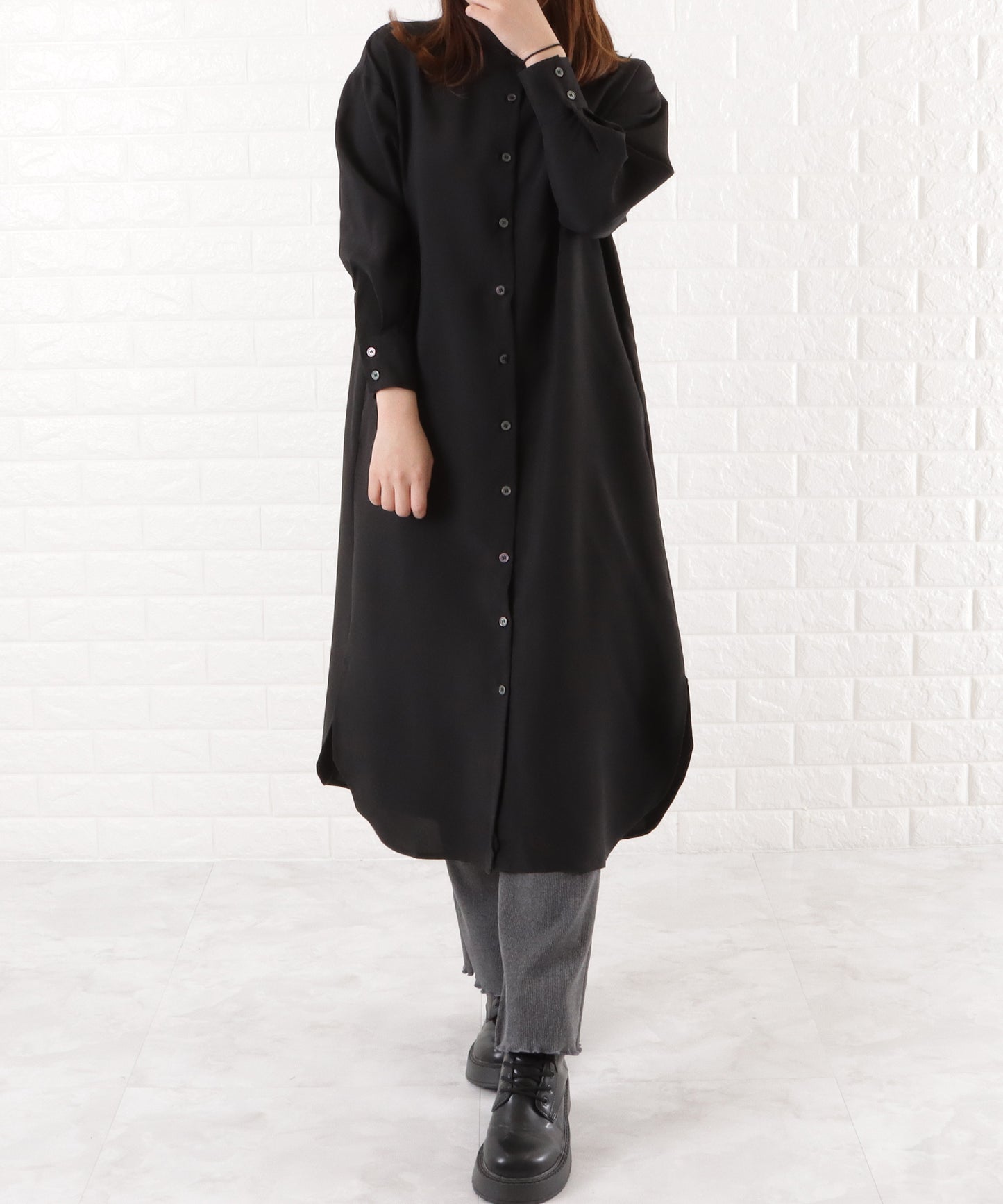 バンドカラー ロングシャツワンピース