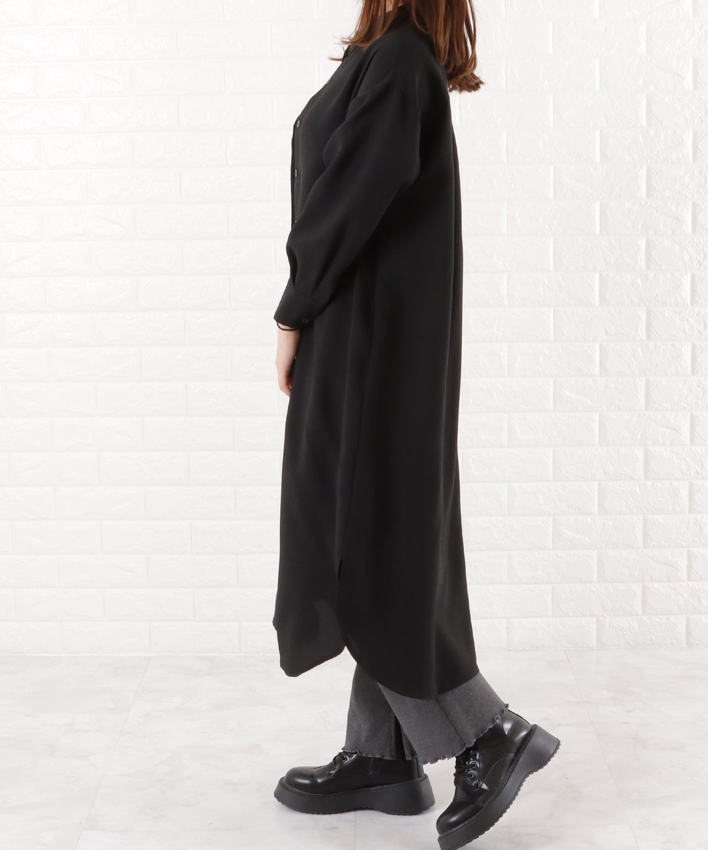 バンドカラー ロングシャツワンピース