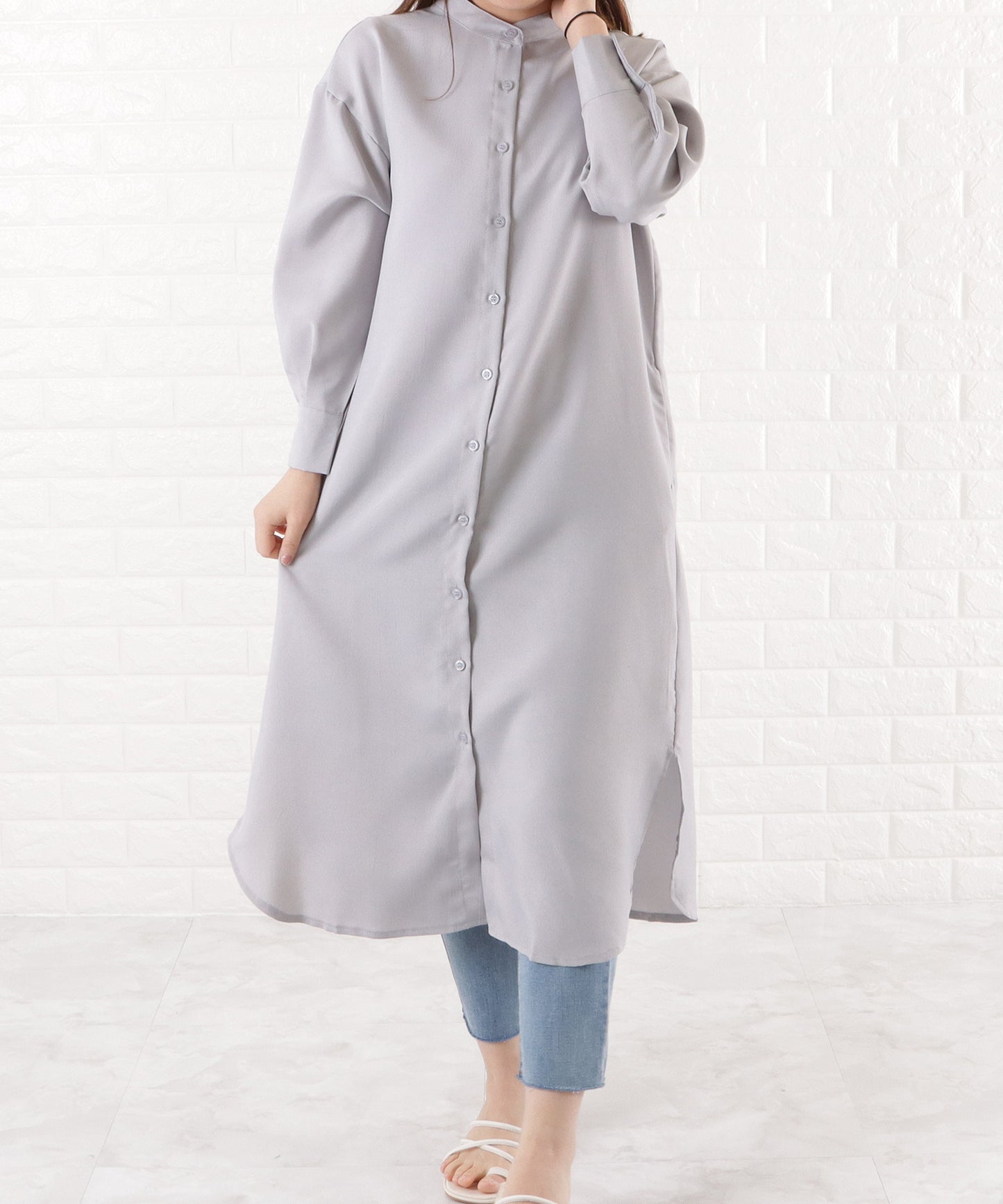 バンドカラー ロングシャツワンピース