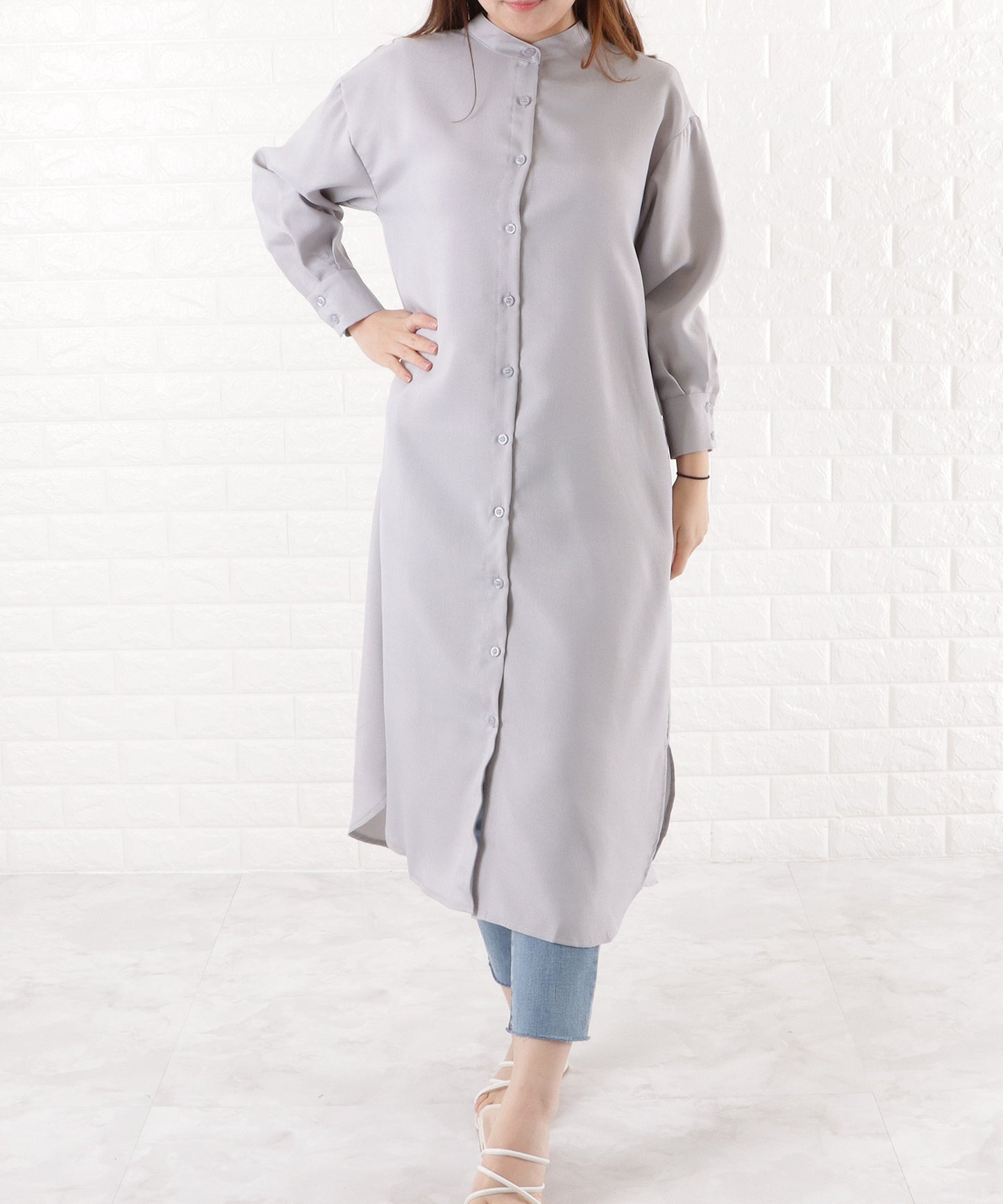 バンドカラー ロングシャツワンピース