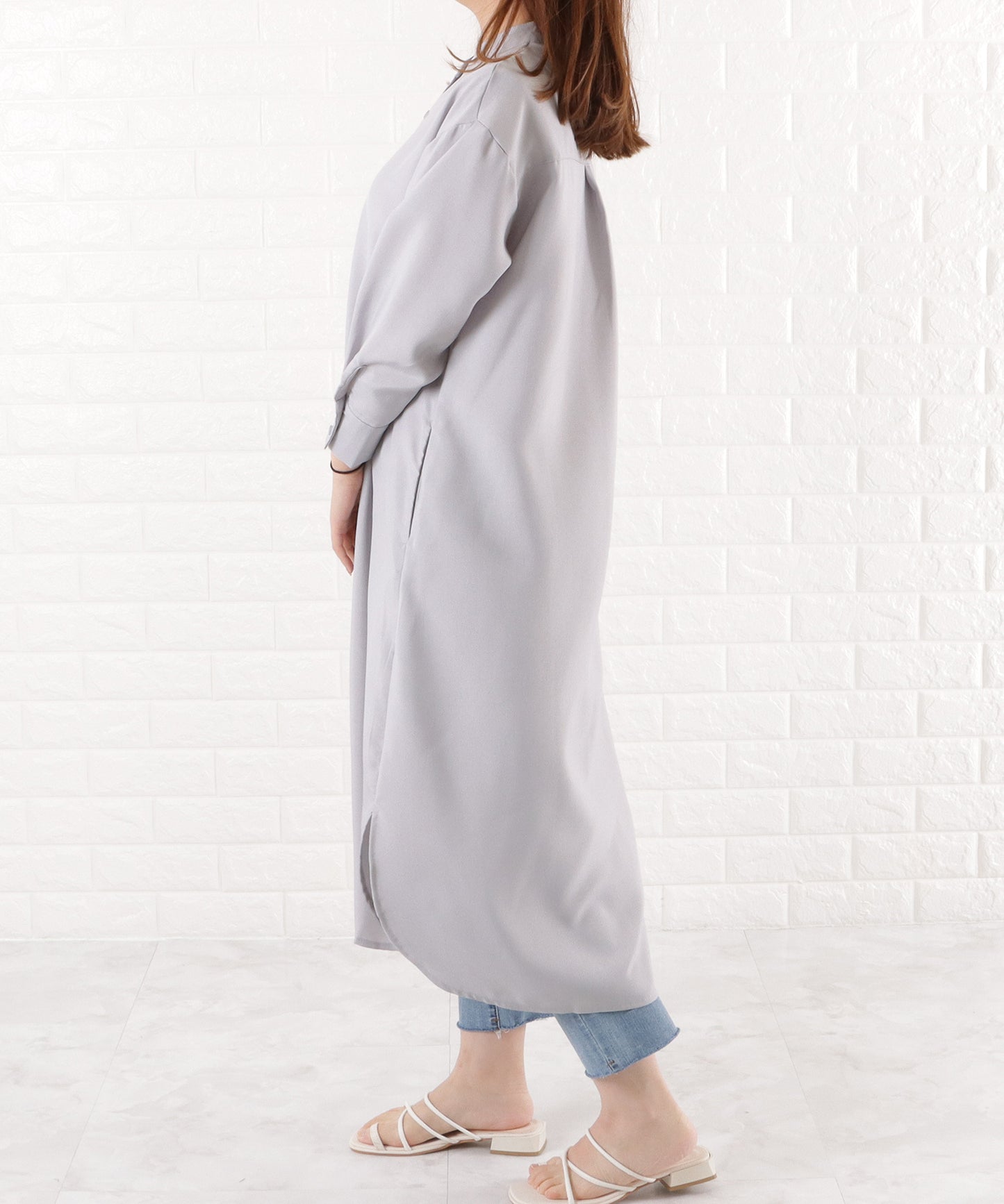 バンドカラー ロングシャツワンピース