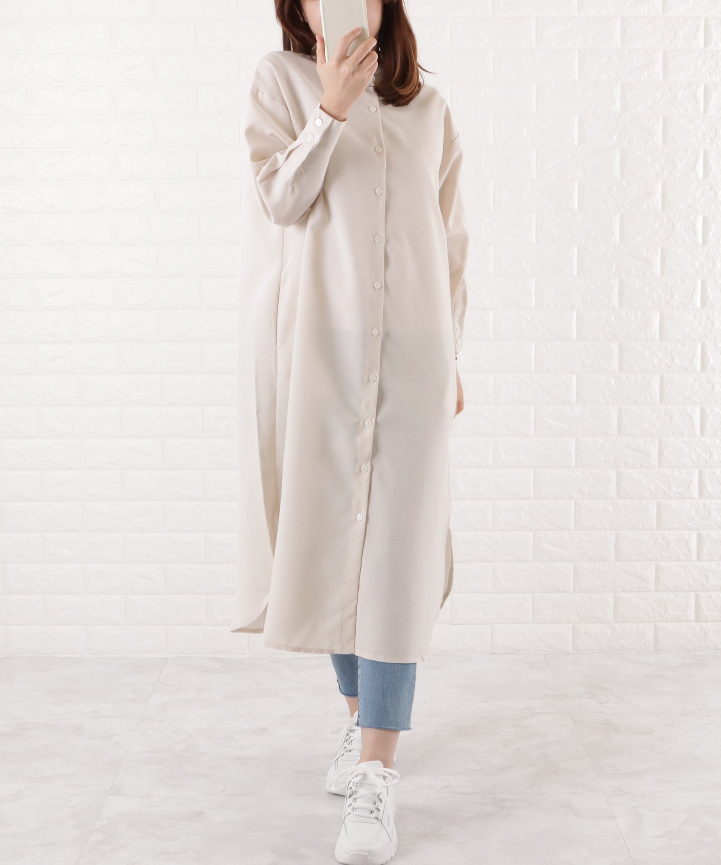 バンドカラー ロングシャツワンピース