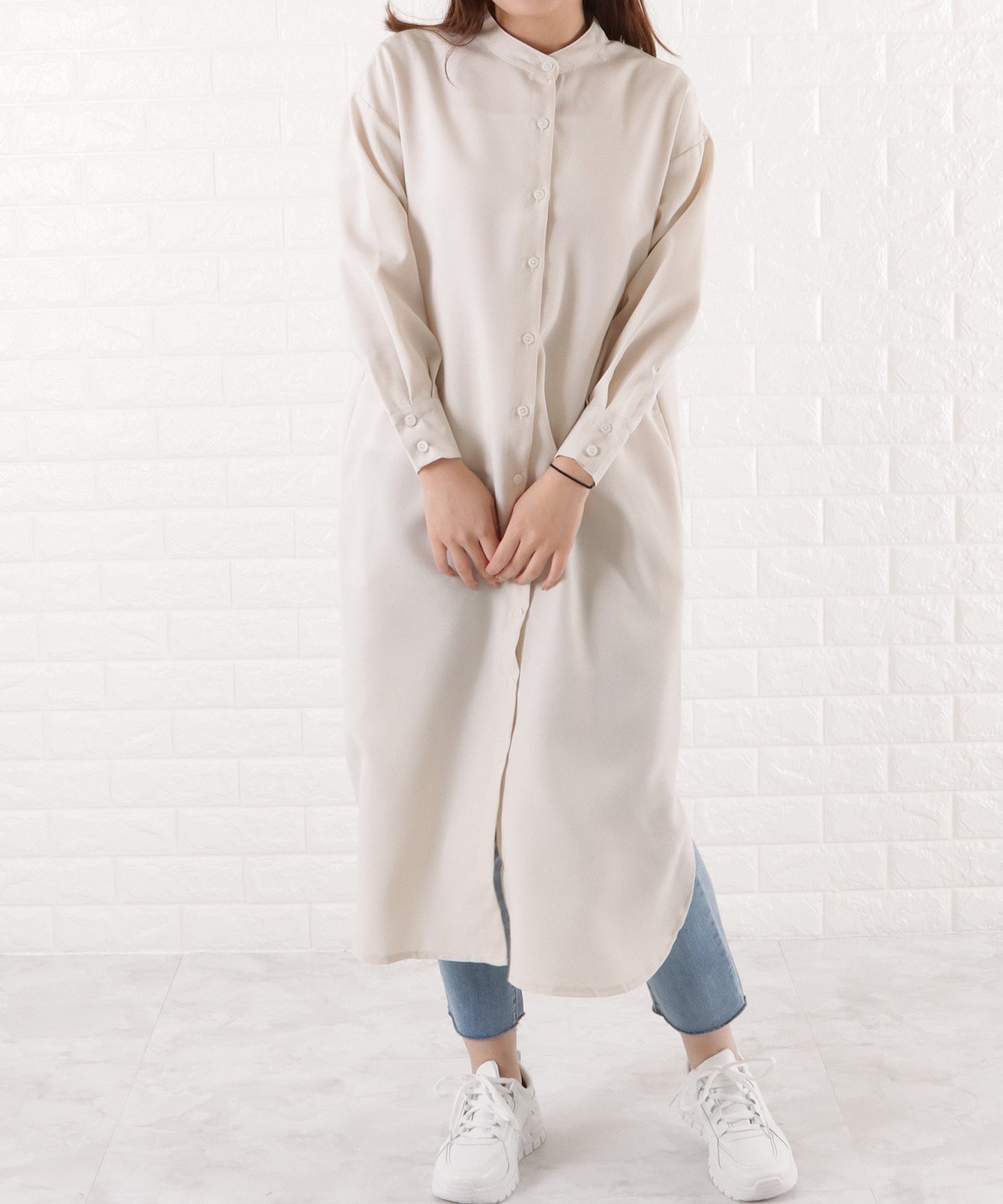 バンドカラー ロングシャツワンピース