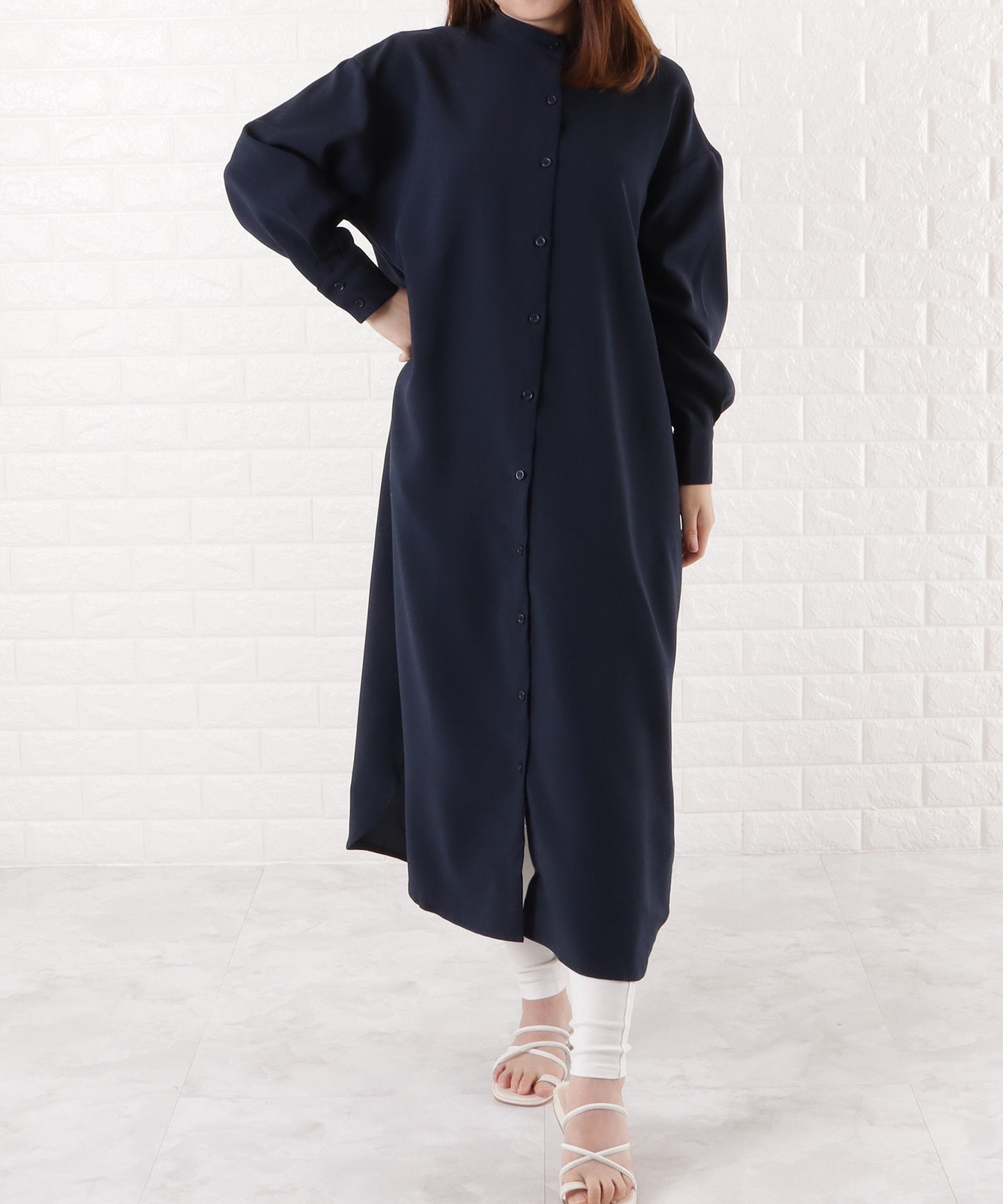 バンドカラー ロングシャツワンピース
