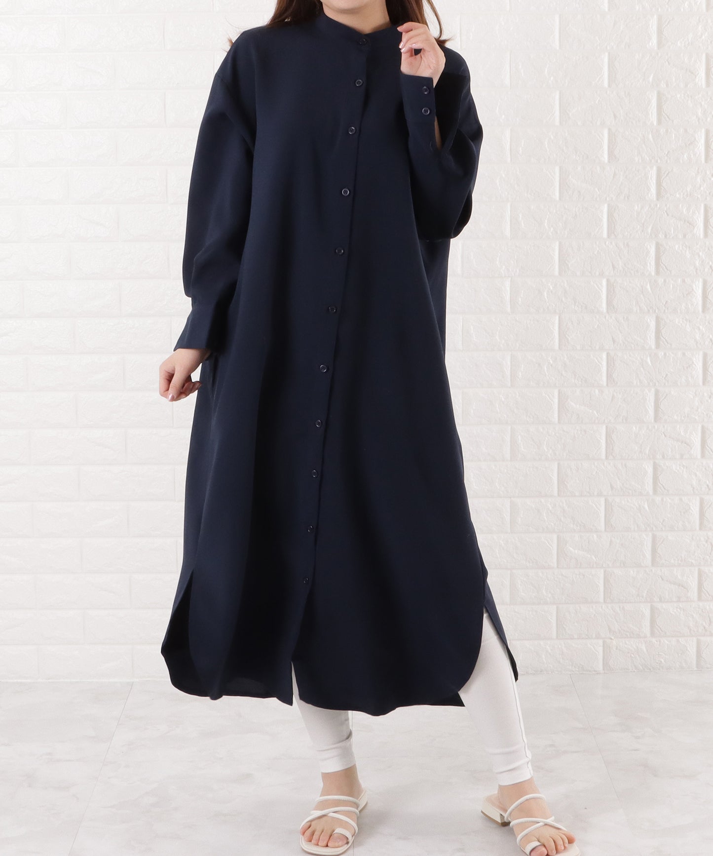 バンドカラー ロングシャツワンピース