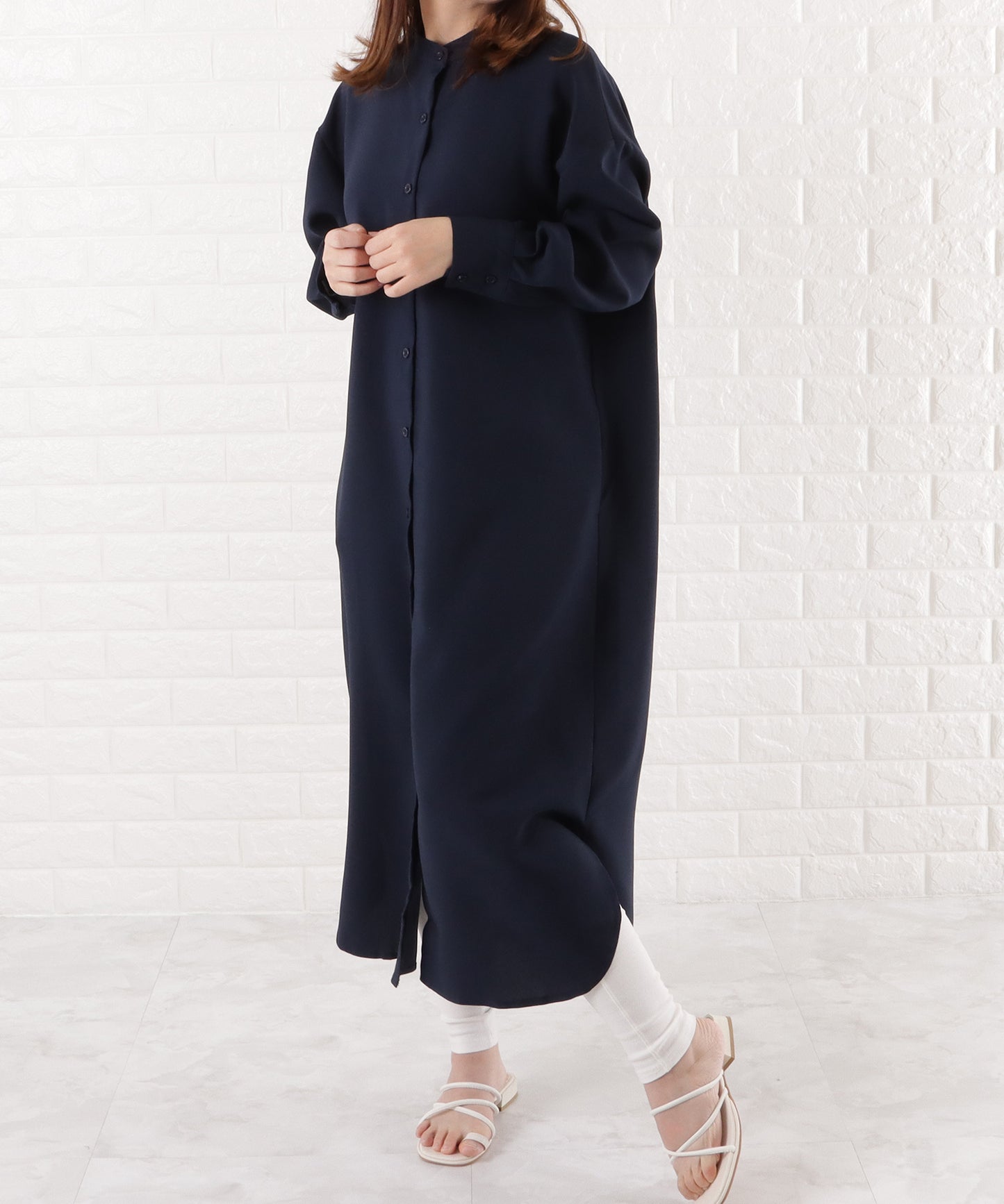 バンドカラー ロングシャツワンピース