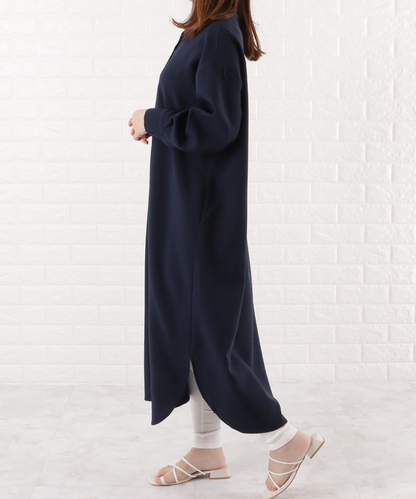 バンドカラー ロングシャツワンピース