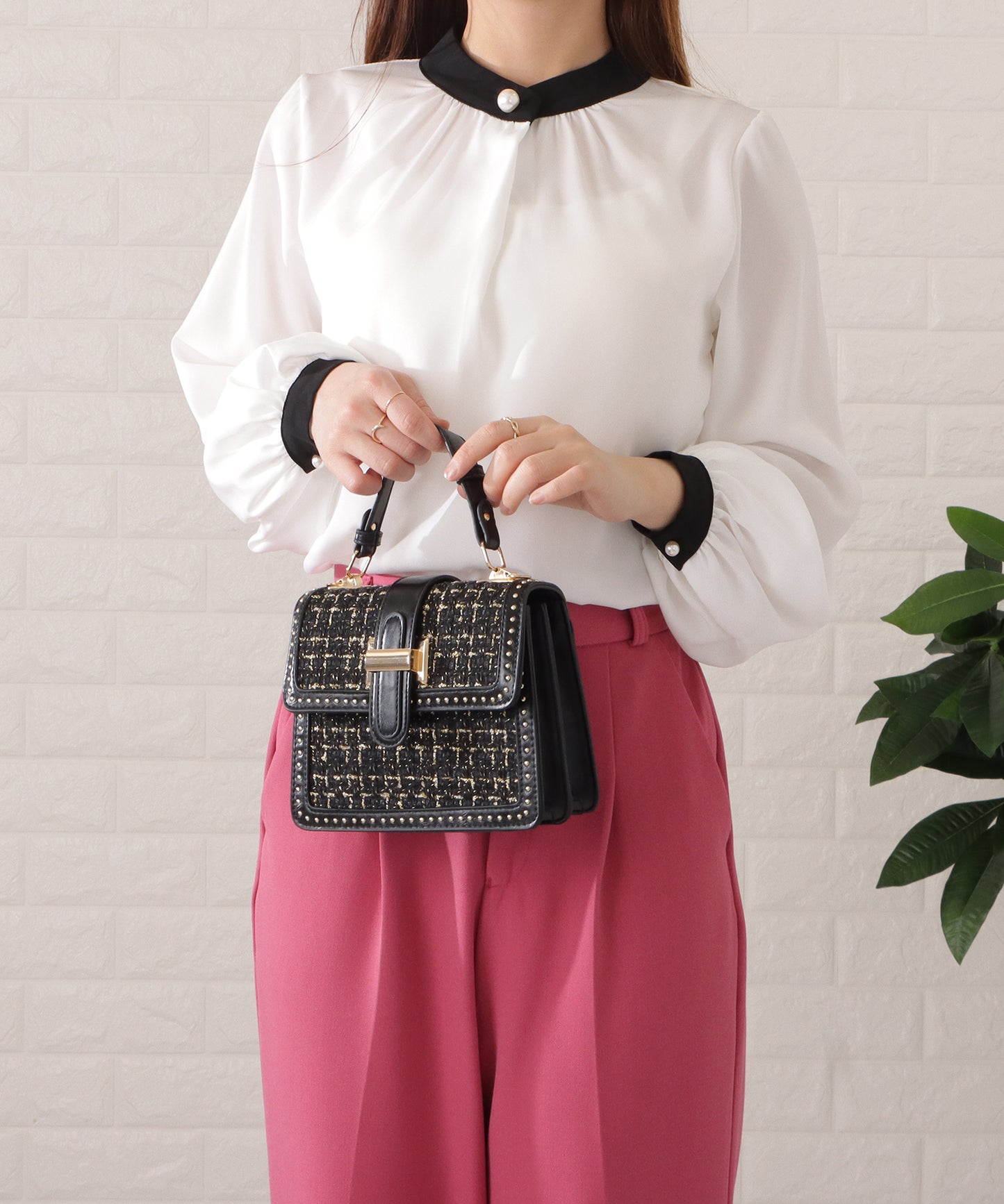 配色スタンドカラーハイネックブラウス長袖