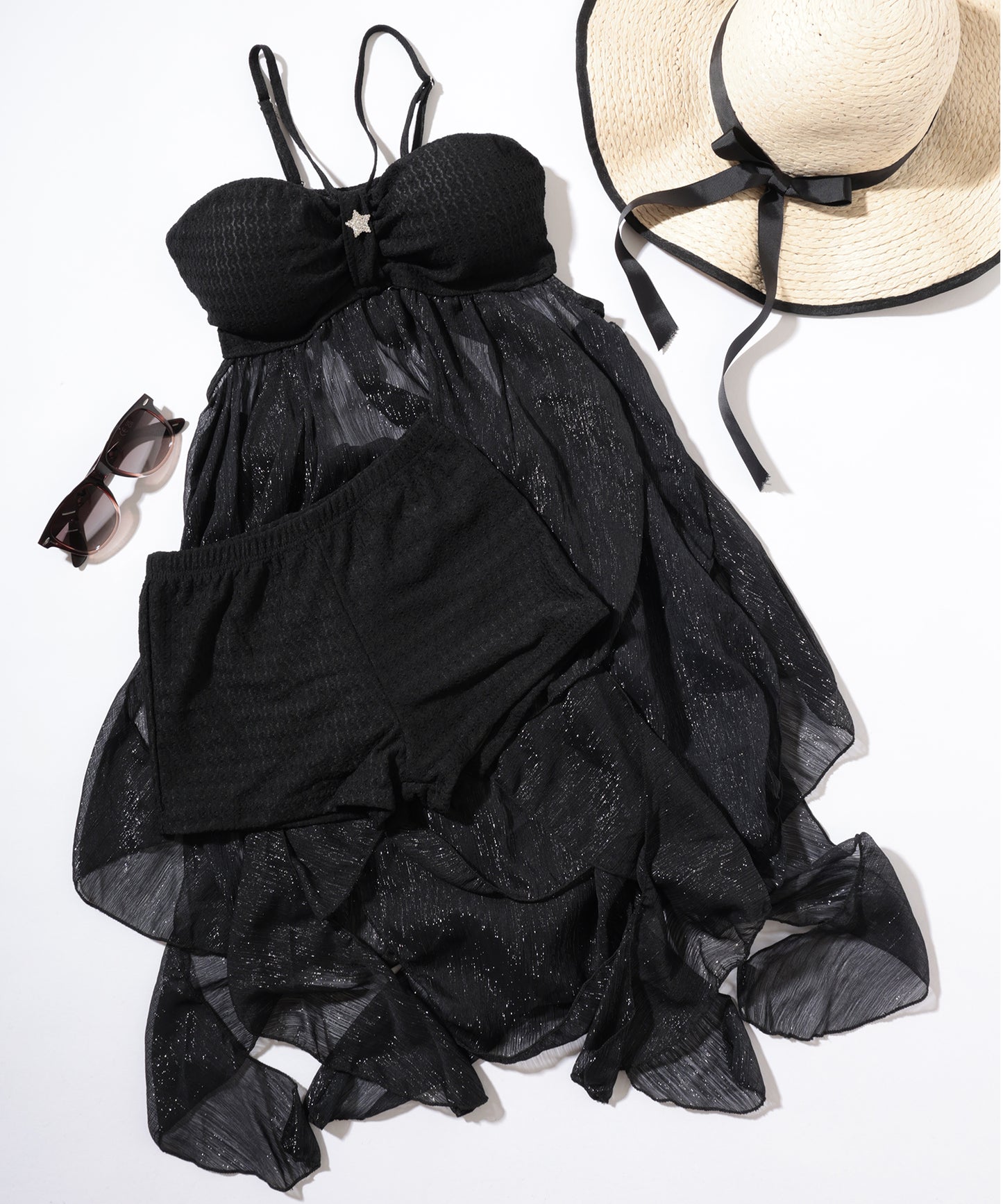 【2点セット】異素材 シアー ラッフルフリル ワンピース ショーツ付き セパレート水着