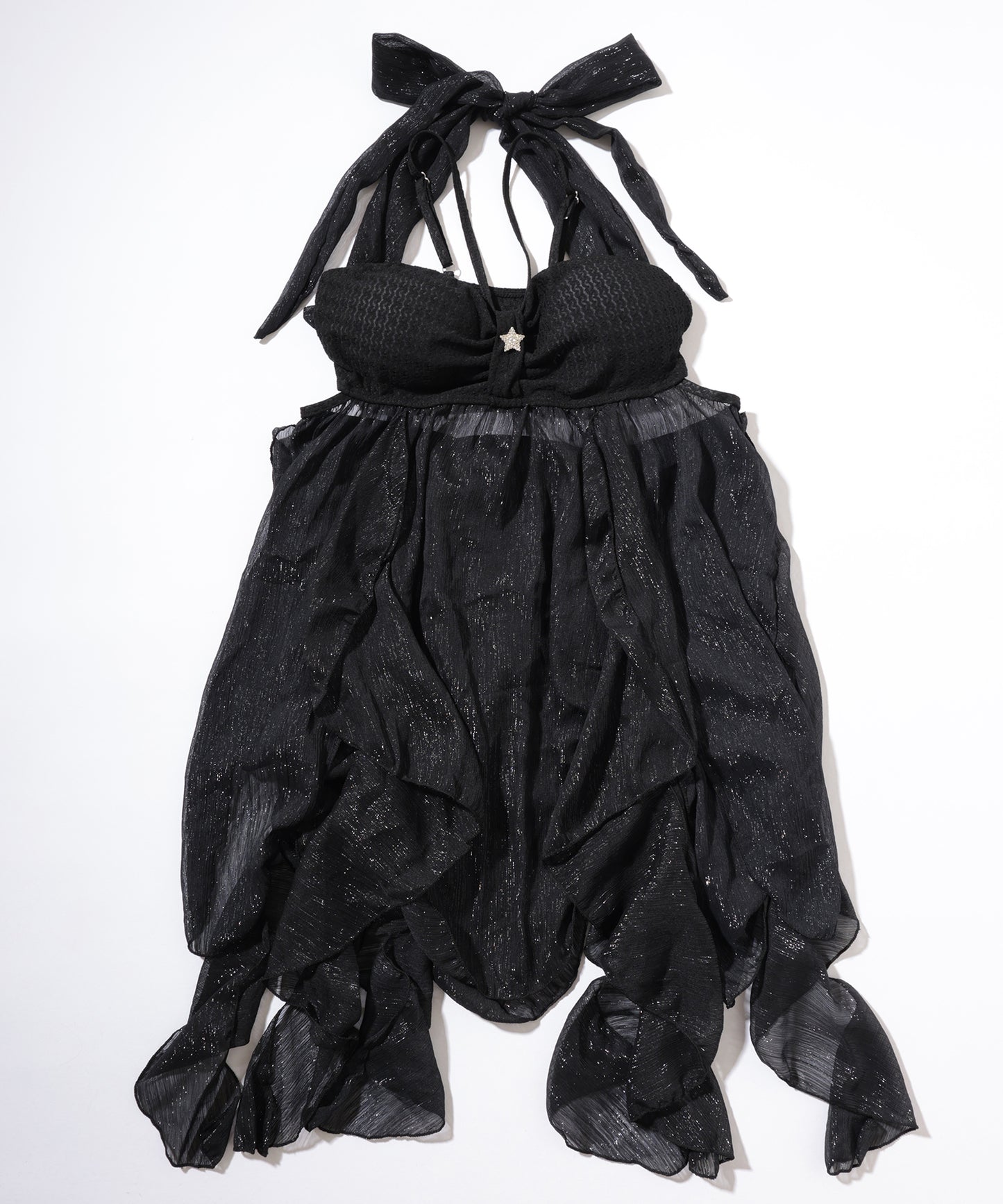 【2点セット】異素材 シアー ラッフルフリル ワンピース ショーツ付き セパレート水着